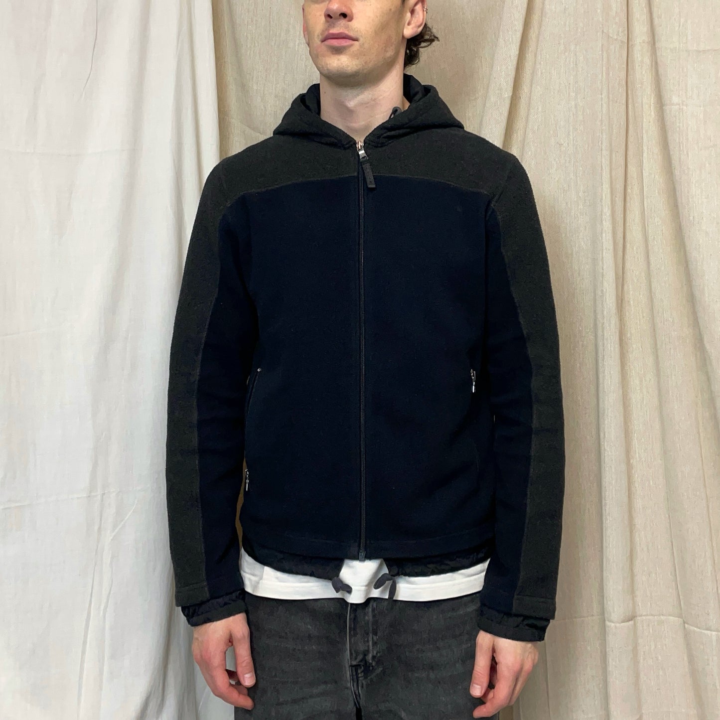 Prada Sport Black & Grey 00s Nylon & Fleece Hooded Jacket