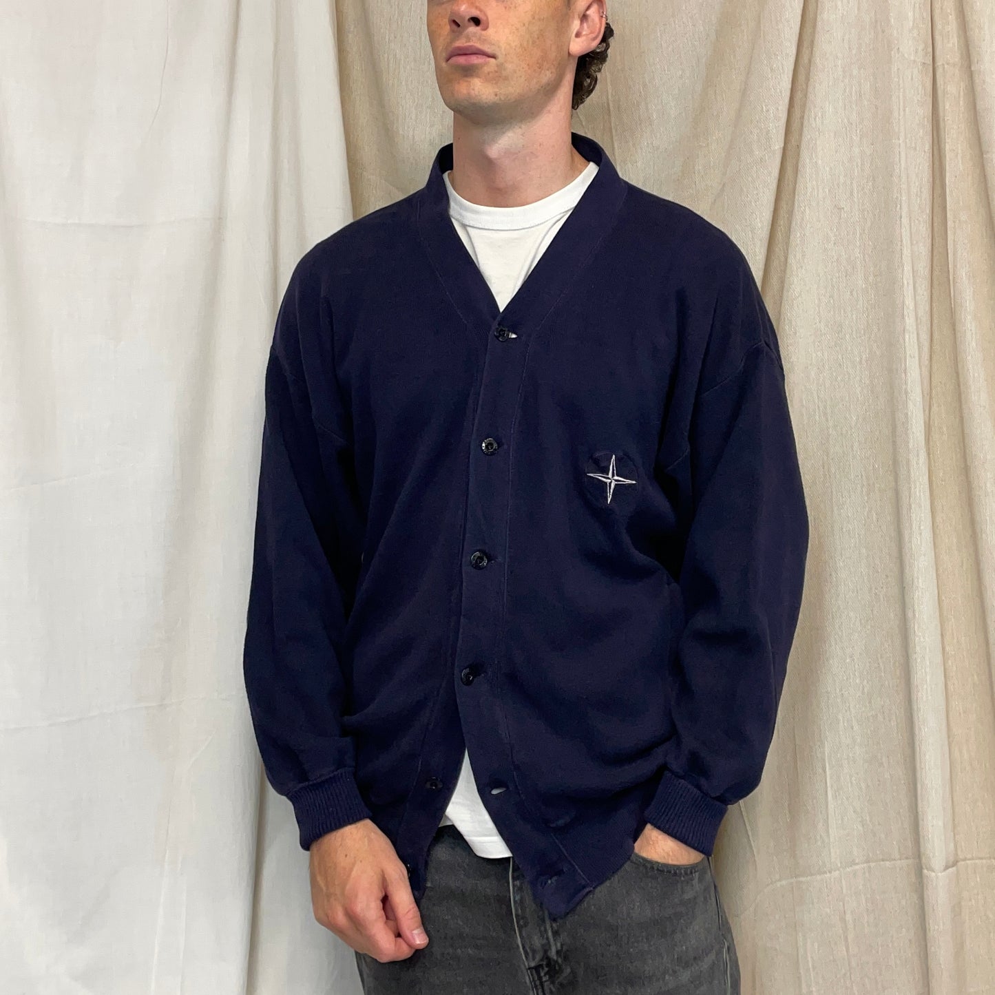 Stone Island Navy 90s Compass Emblem Button-Up Cardigan