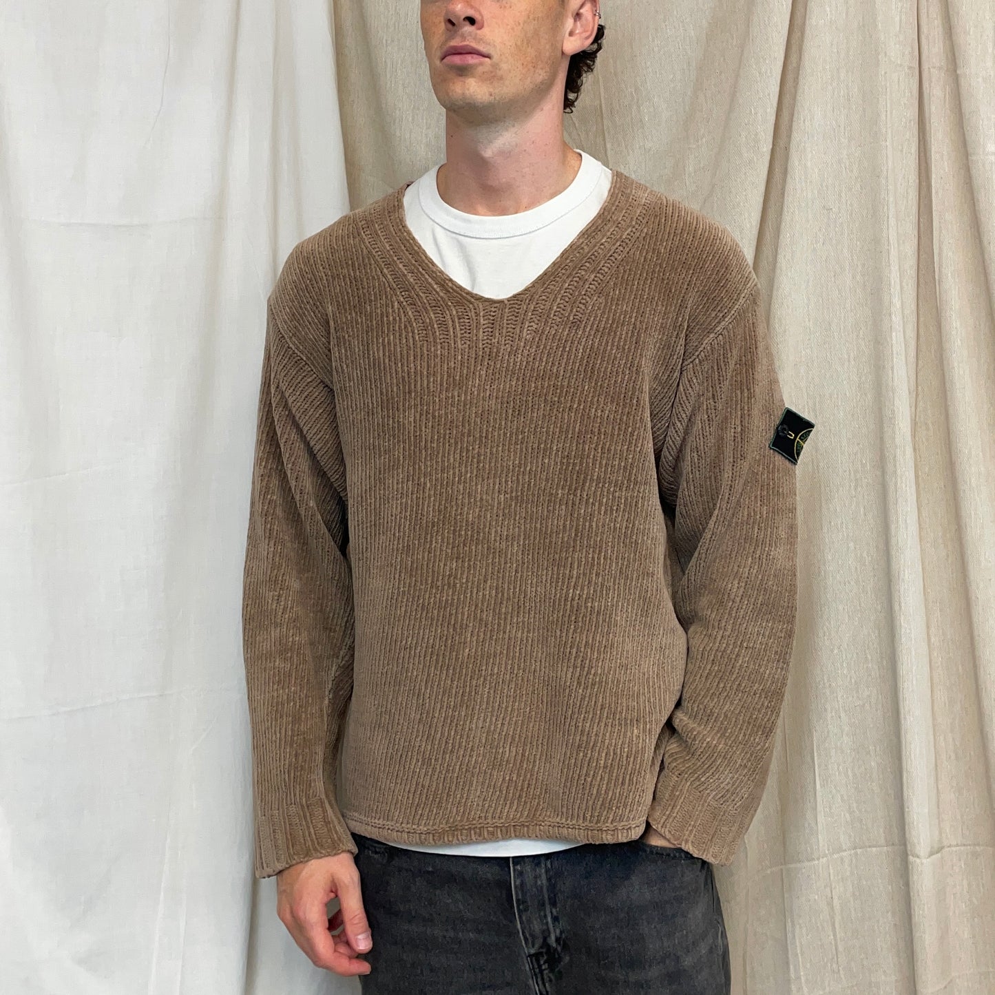 Stone Island Brown AW98 Chenille Knit Scoop Neck Green Edge Badge Jumper