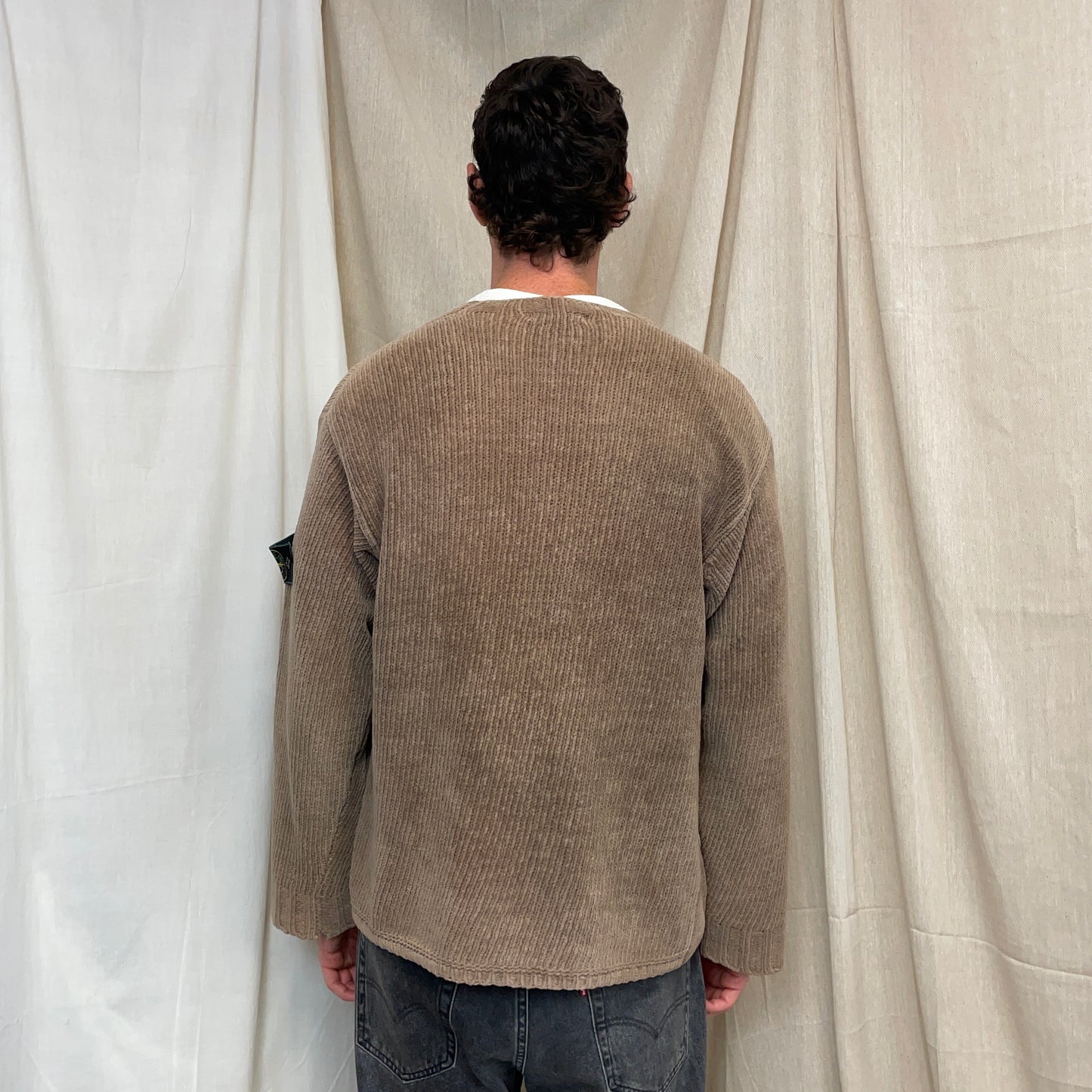 Stone Island Brown AW98 Chenille Knit Scoop Neck Green Edge Badge Jumper