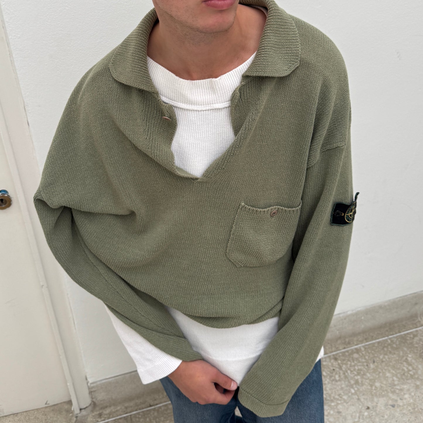Stone Island Green SS97 Collared Green Edge Badge Knit Jumper