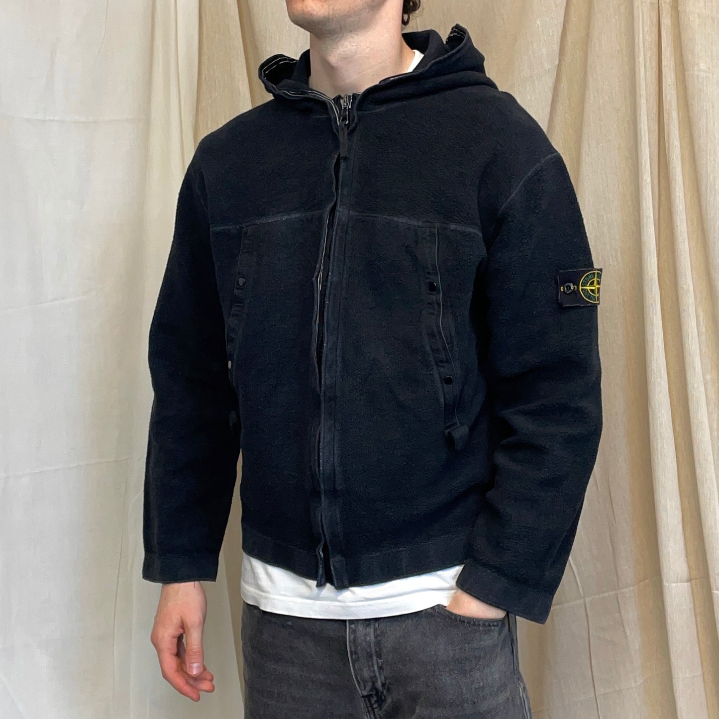 Stone Island Black AW03 Zip-Through Fleece Hooded Jacket