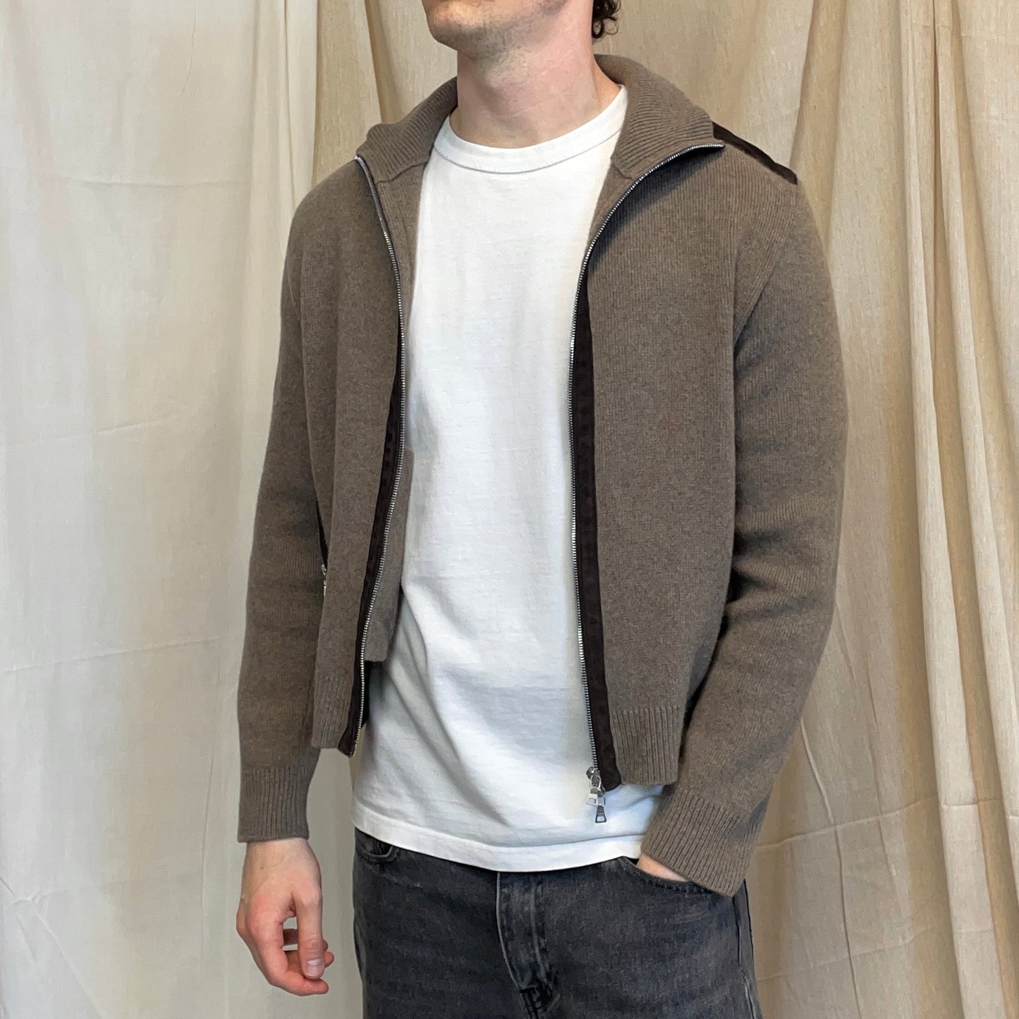 Prada Sport Brown 2012 Leather Suede Wool Knit Zip Cardigan Jacket