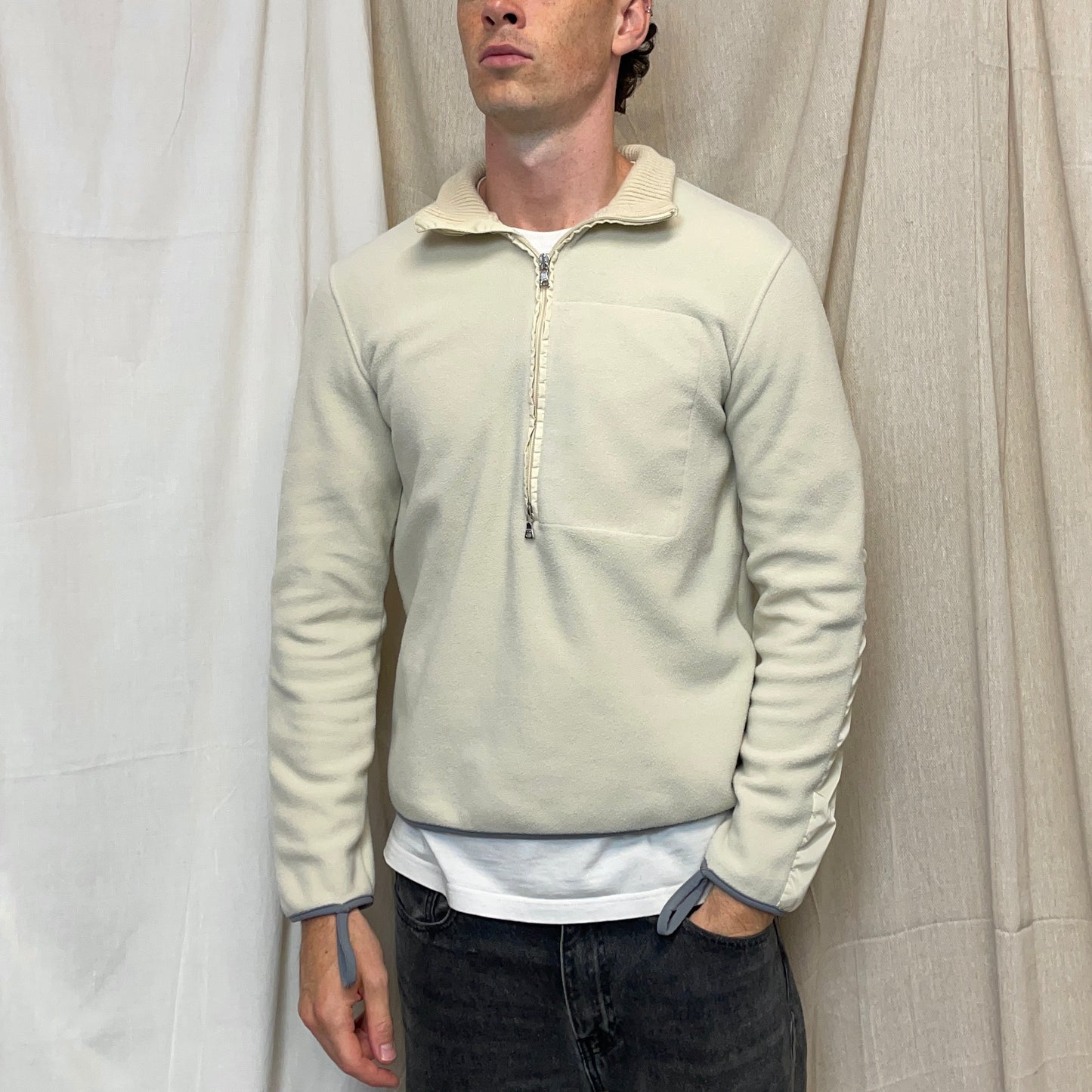 Prada Sport Cream 00s Nylon Elbow Dual-Zip Lightweight Fleece Jumper