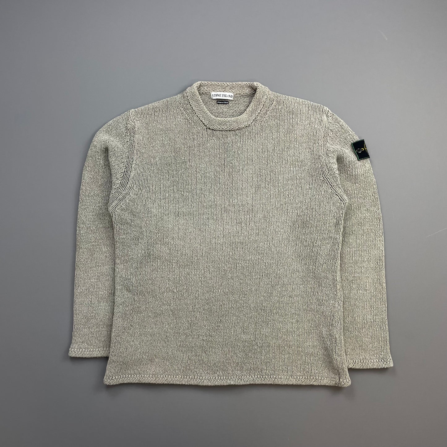 Stone Island Grey AW98 Chenille Crewneck Knit Green Edge Badge Jumper