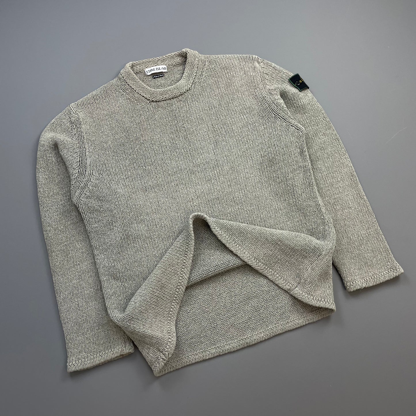 Stone Island Grey AW98 Chenille Crewneck Knit Green Edge Badge Jumper