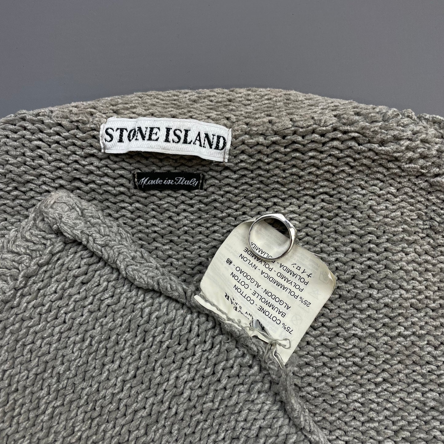 Stone Island Grey AW98 Chenille Crewneck Knit Green Edge Badge Jumper