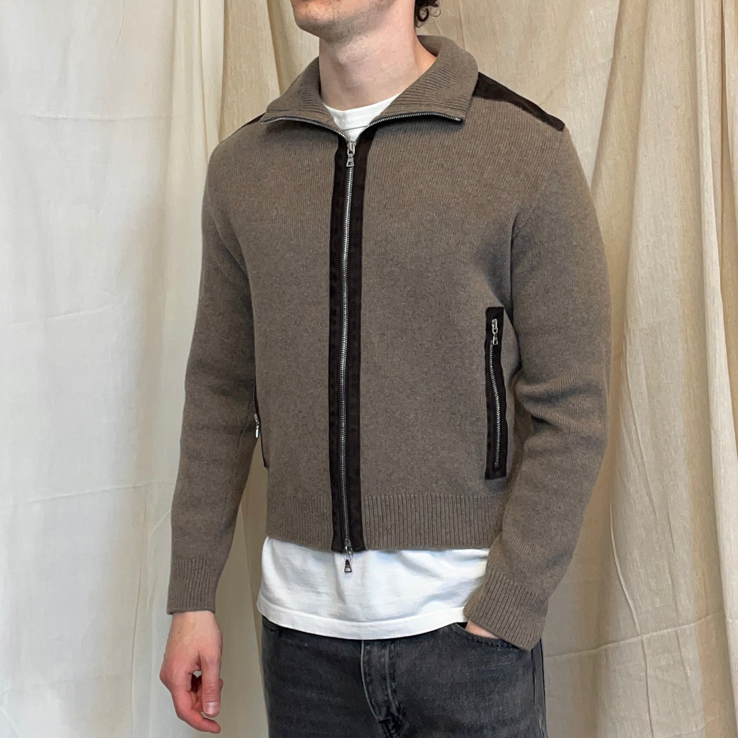 Prada Sport Brown 2012 Leather Suede Wool Knit Zip Cardigan Jacket