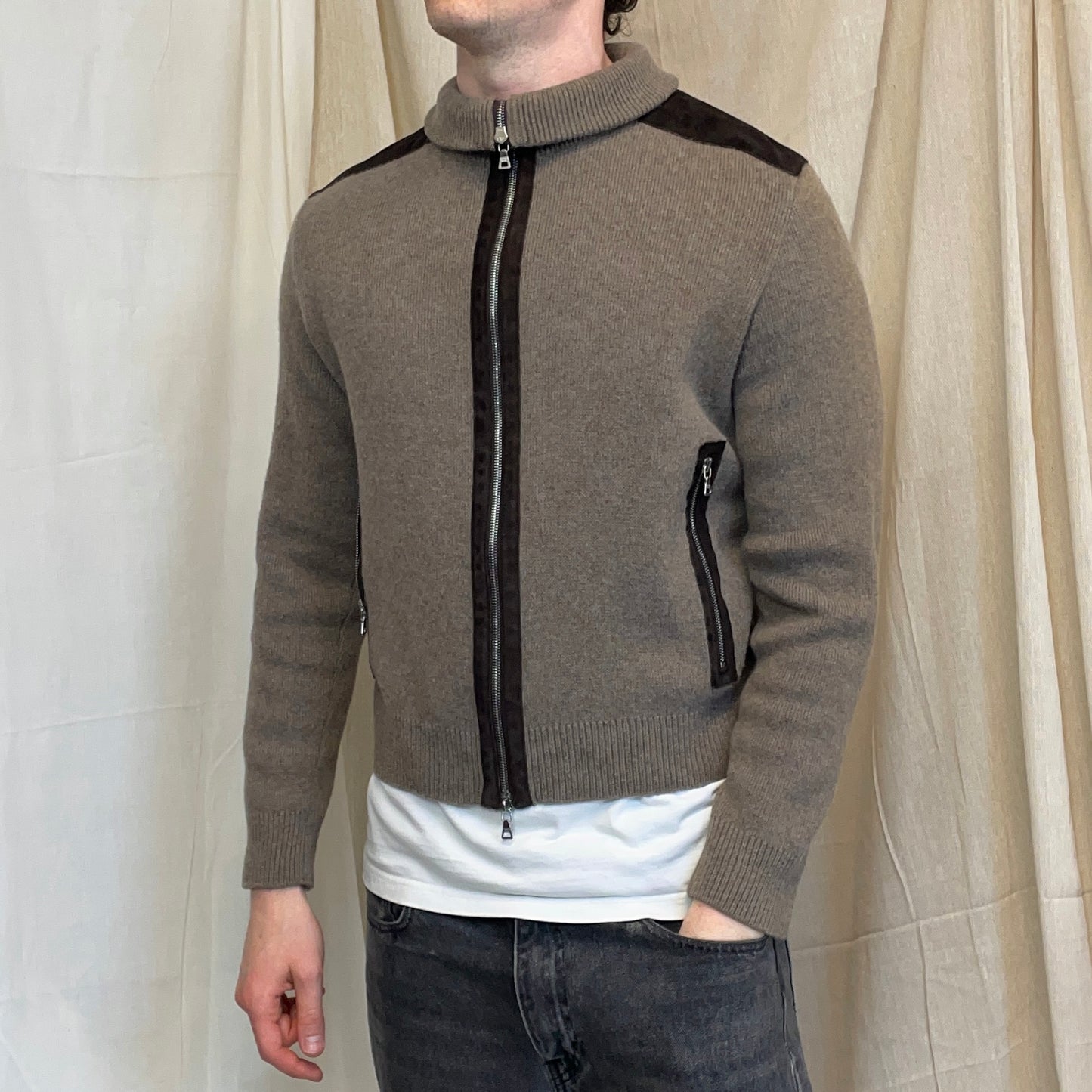 Prada Sport Brown 2012 Leather Suede Wool Knit Zip Cardigan Jacket