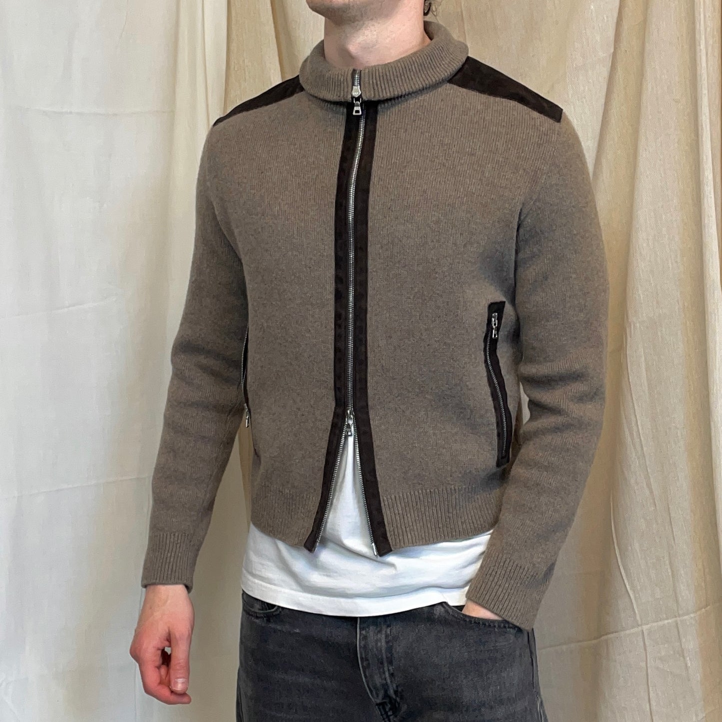 Prada Sport Brown 2012 Leather Suede Wool Knit Zip Cardigan Jacket