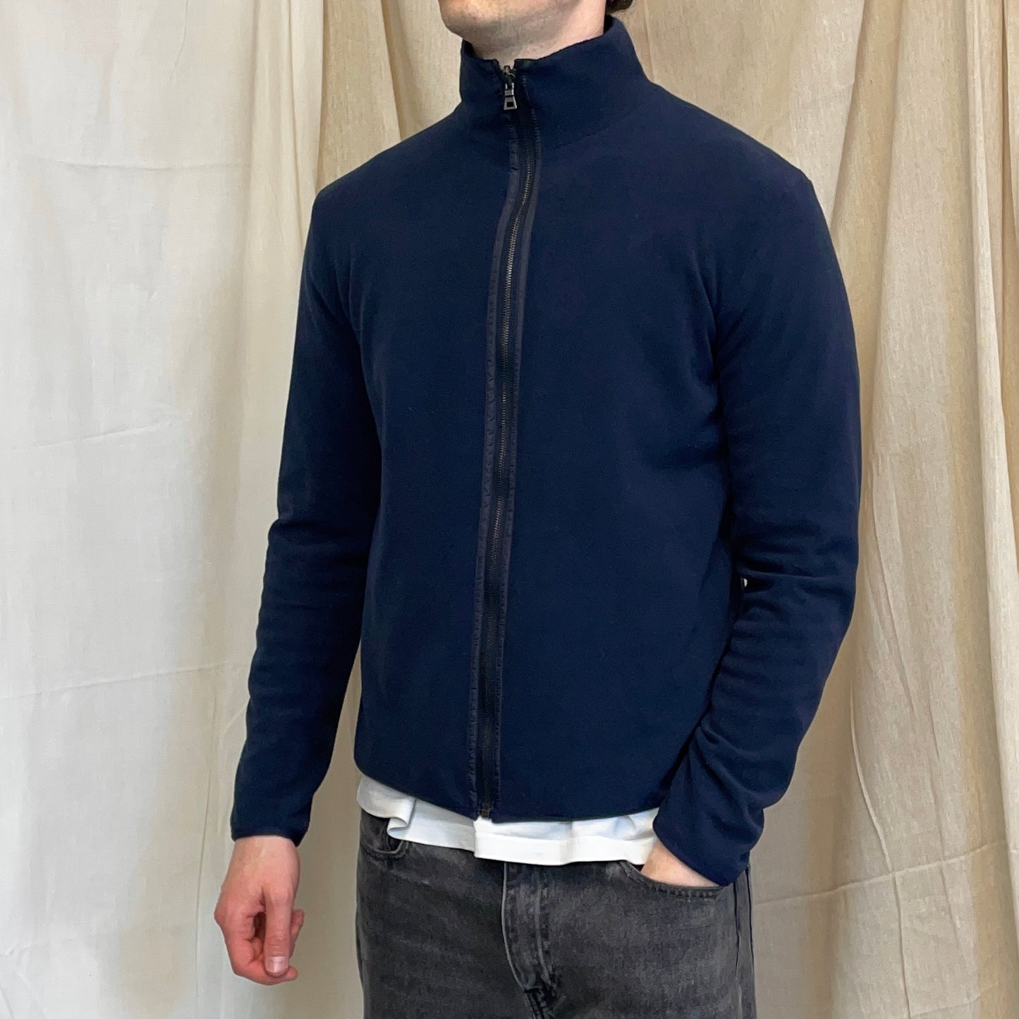 Prada Sport Navy Blue 2012 Reversible Fleece & Wool Knit Zip Cardigan Jacket