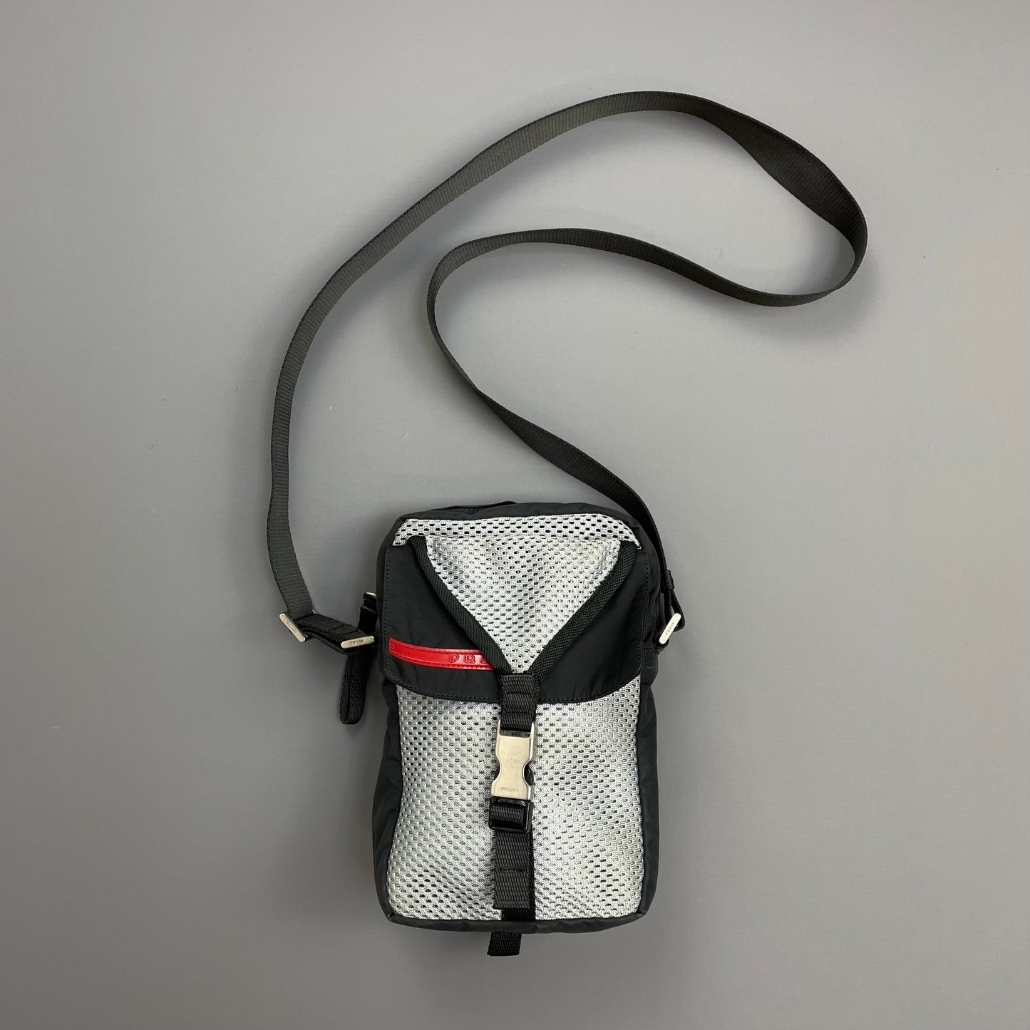 Prada Sport Grey & Black 00s Mesh Crossbody Side Shoulder Bag