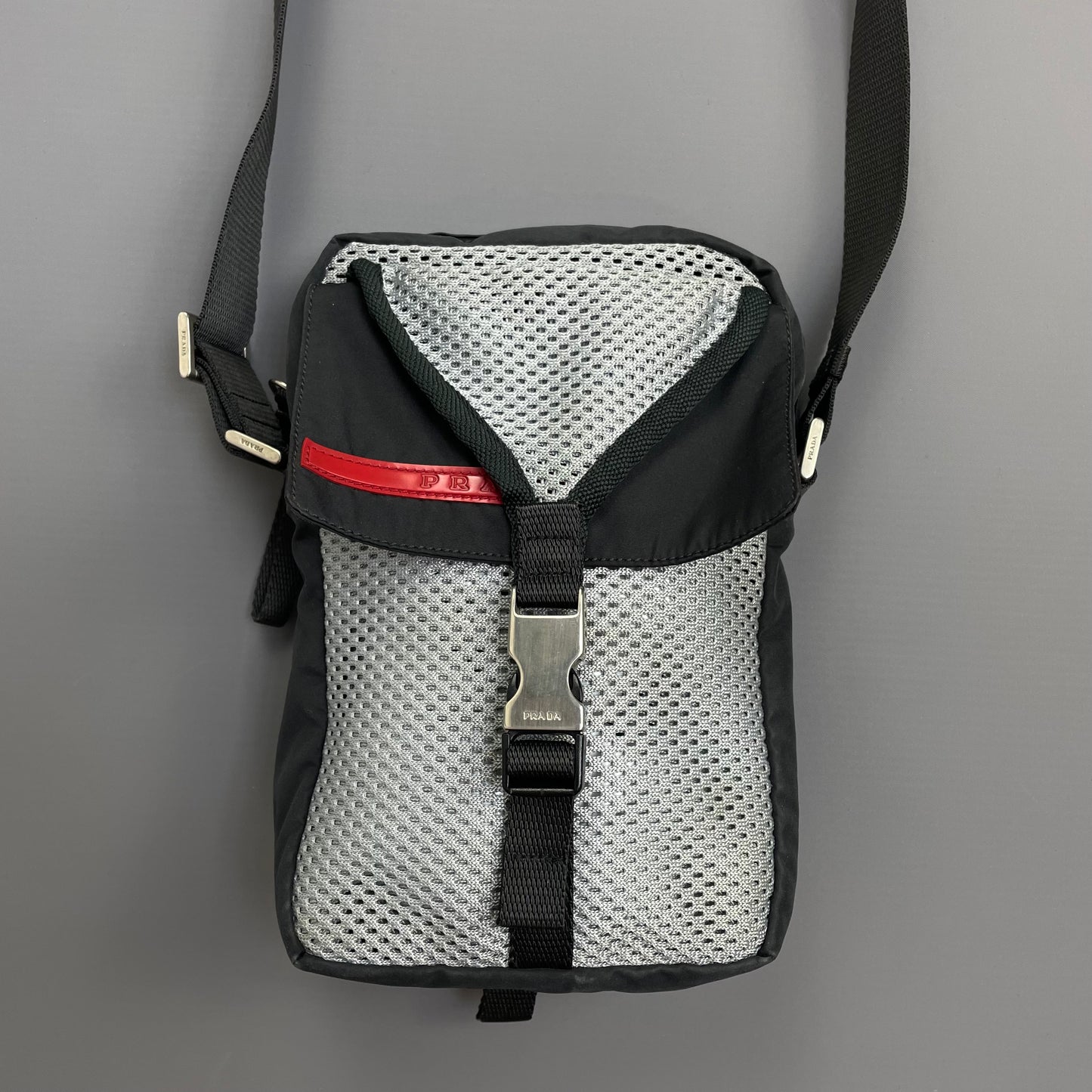 Prada Sport Grey & Black 00s Mesh Crossbody Side Shoulder Bag
