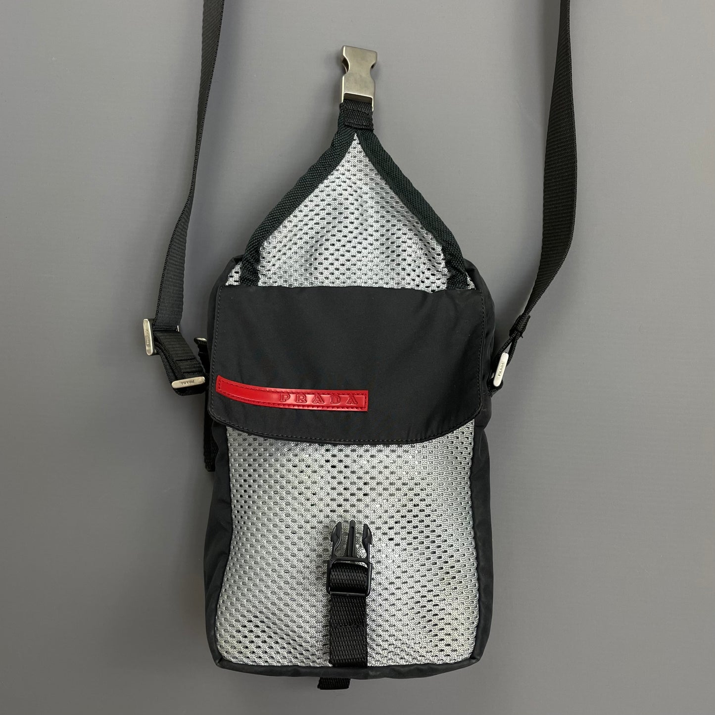 Prada Sport Grey & Black 00s Mesh Crossbody Side Shoulder Bag