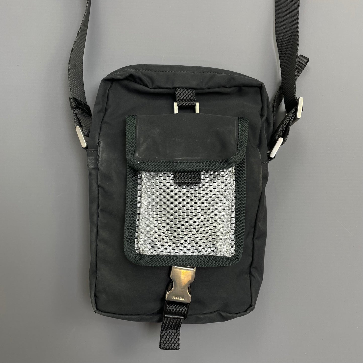 Prada Sport Grey & Black 00s Mesh Crossbody Side Shoulder Bag