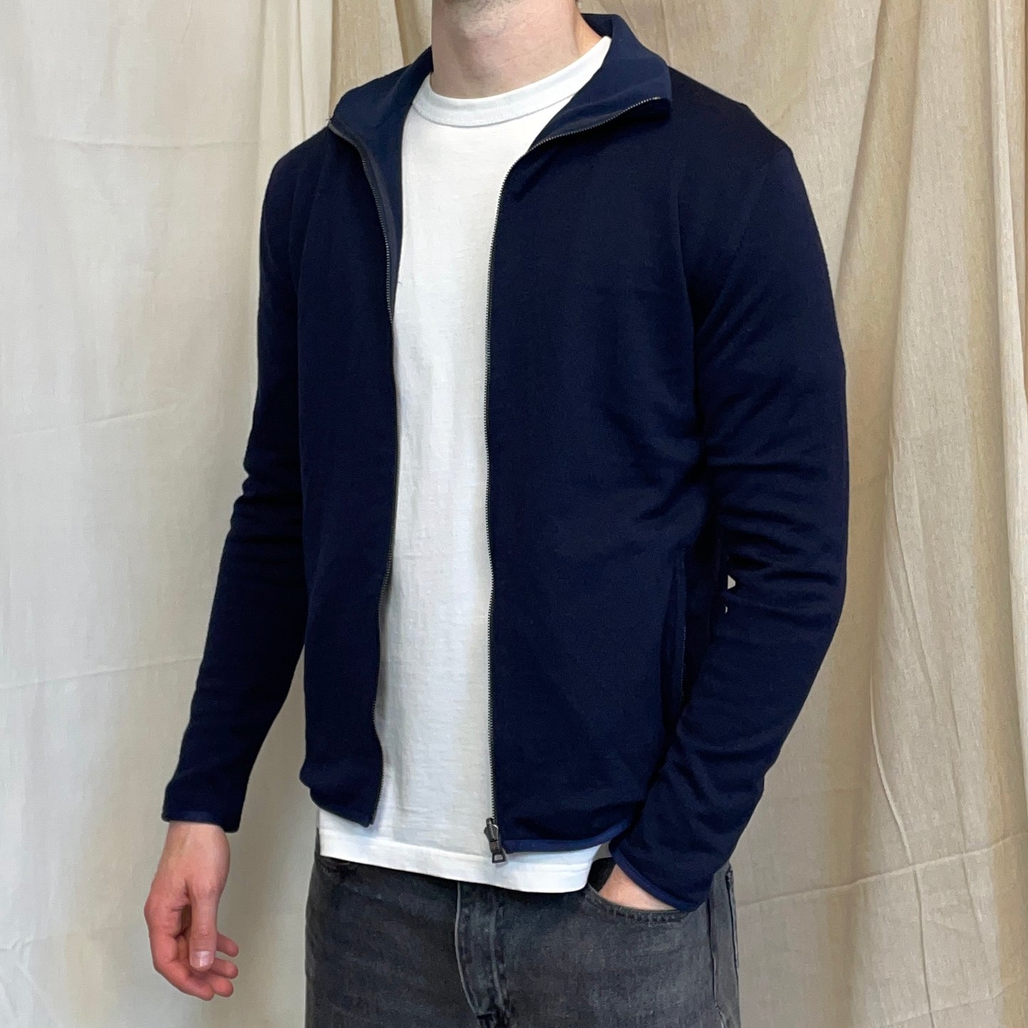 Prada Sport Navy Blue 2012 Reversible Fleece & Wool Knit Zip Cardigan Jacket