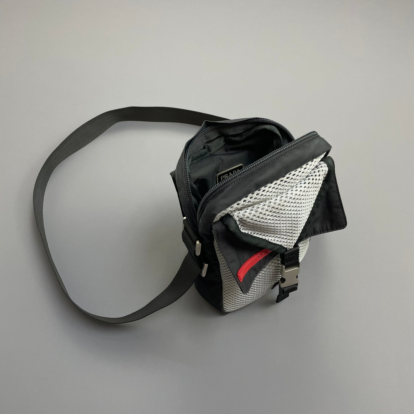 Prada Sport Grey & Black 00s Mesh Crossbody Side Shoulder Bag