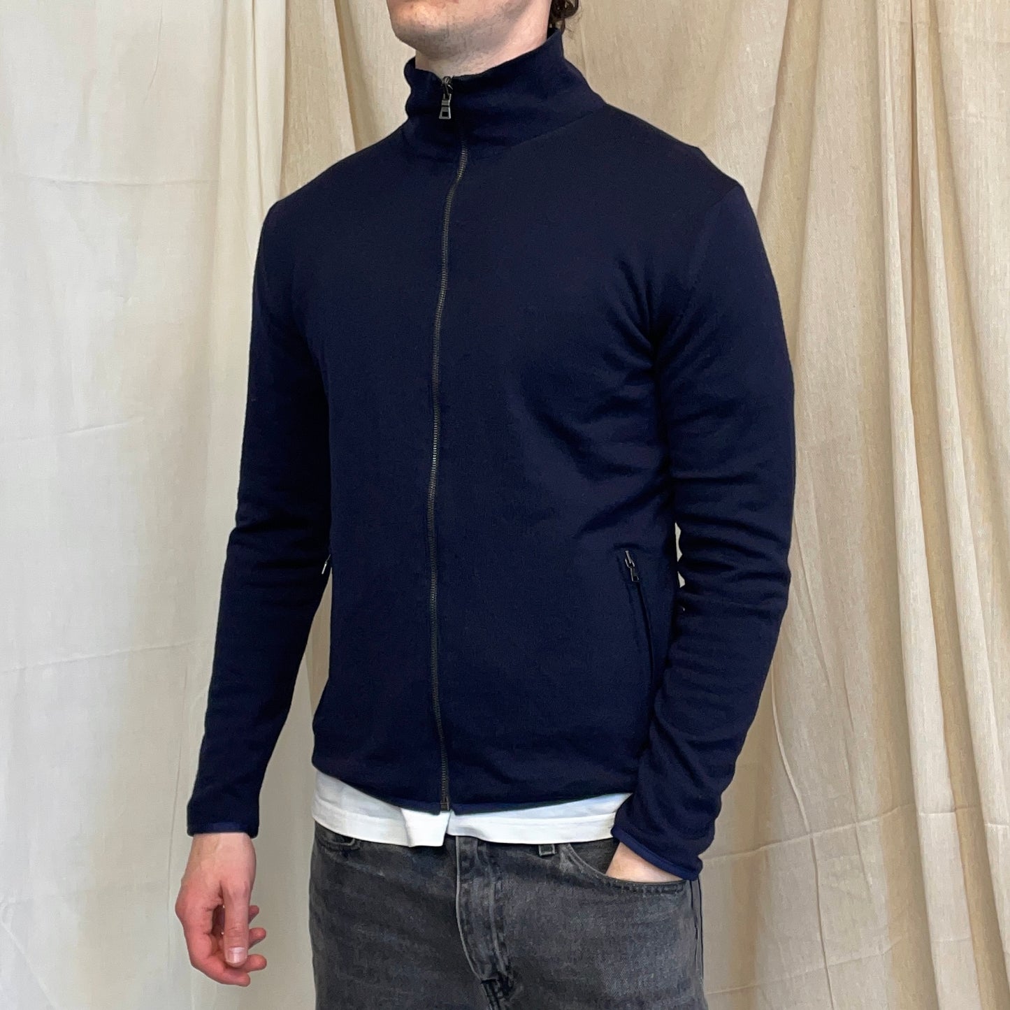 Prada Sport Navy Blue 2012 Reversible Fleece & Wool Knit Zip Cardigan Jacket