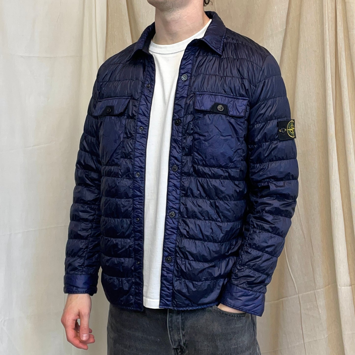 Stone Island Navy Blue SS16 Two-Tone Down Lightweight Puffer Overshirt Jacket