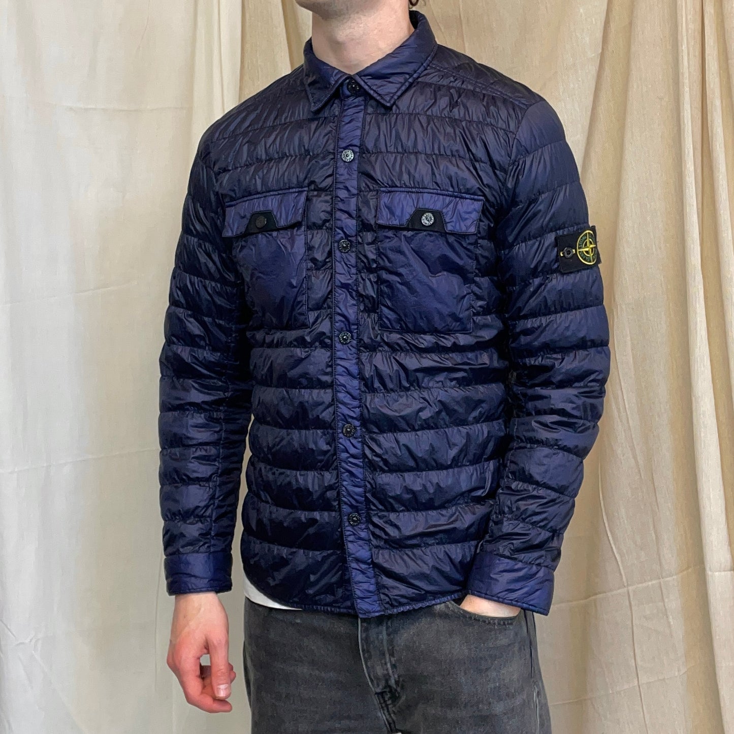 Stone Island Navy Blue SS16 Two-Tone Down Lightweight Puffer Overshirt Jacket