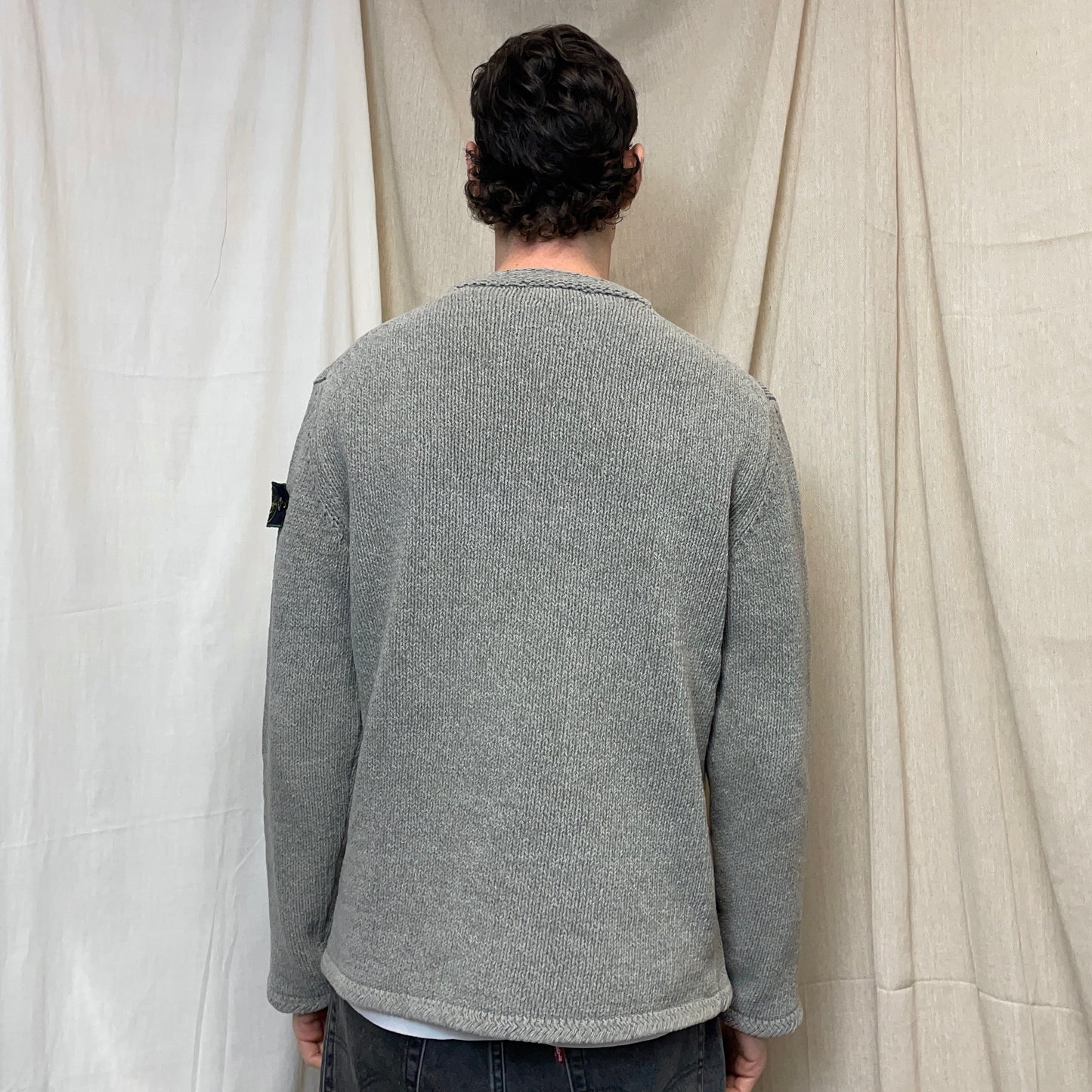 Stone Island Grey AW98 Chenille Crewneck Knit Green Edge Badge Jumper