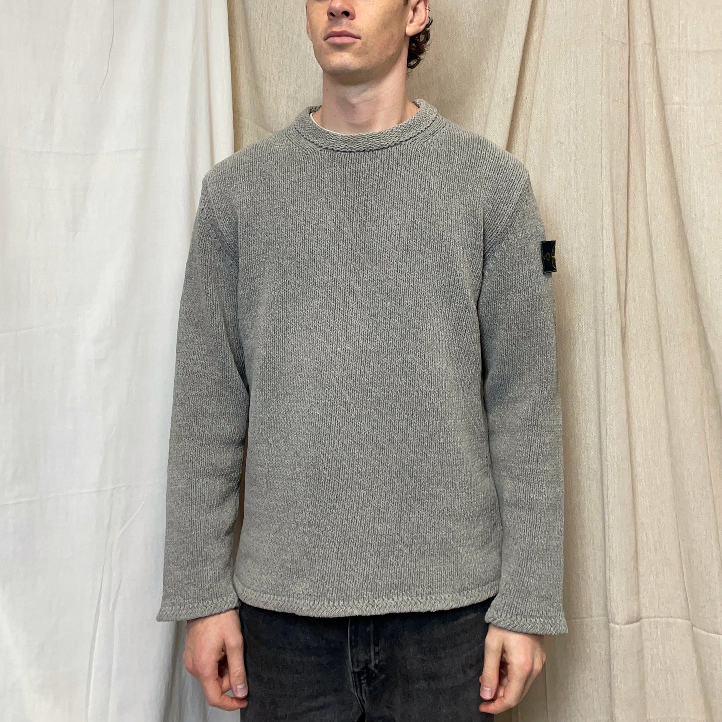 Stone Island Grey AW98 Chenille Crewneck Knit Green Edge Badge Jumper