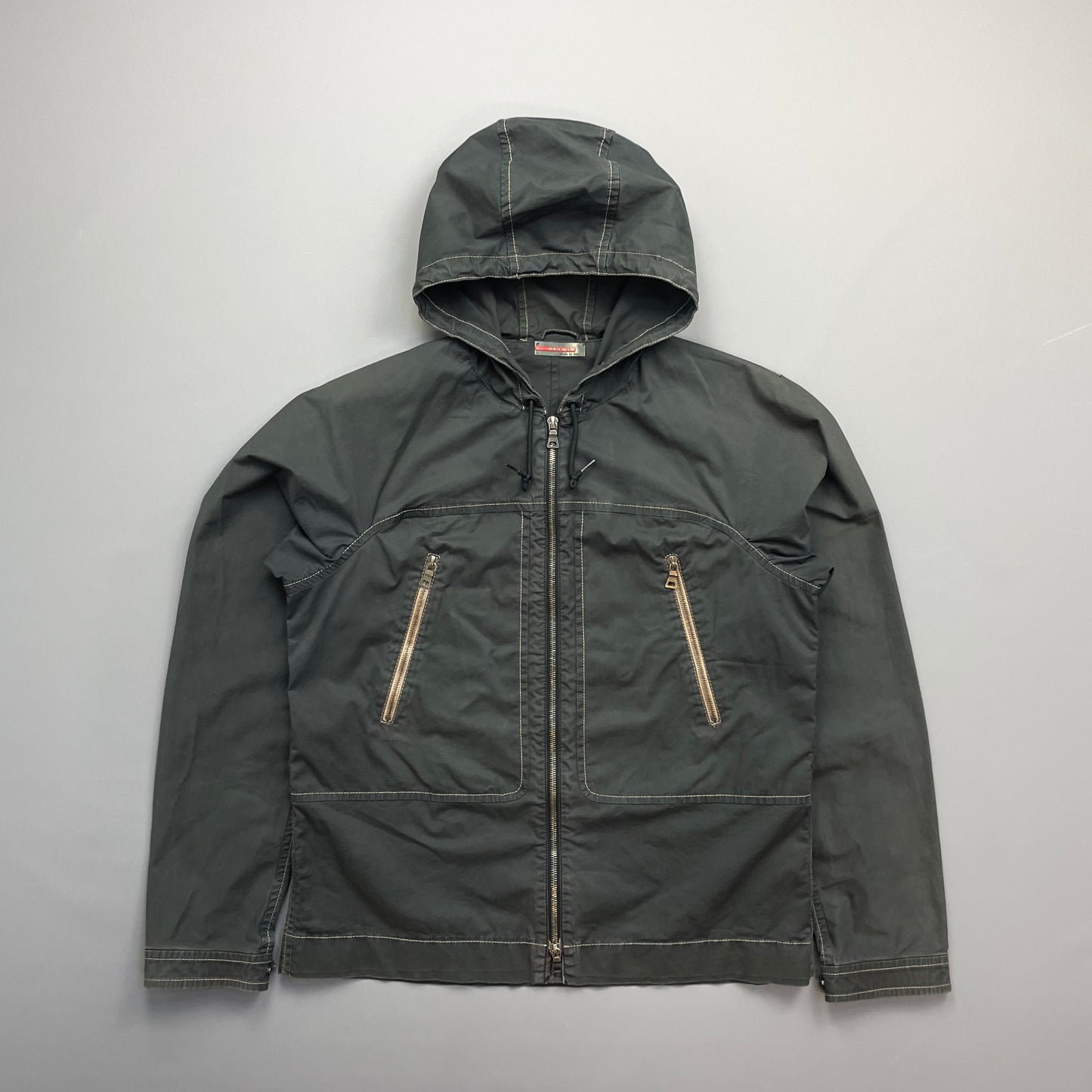 Prada Sport Grey Lightweight Contrast Stitching Hooded Windbreaker Jacket