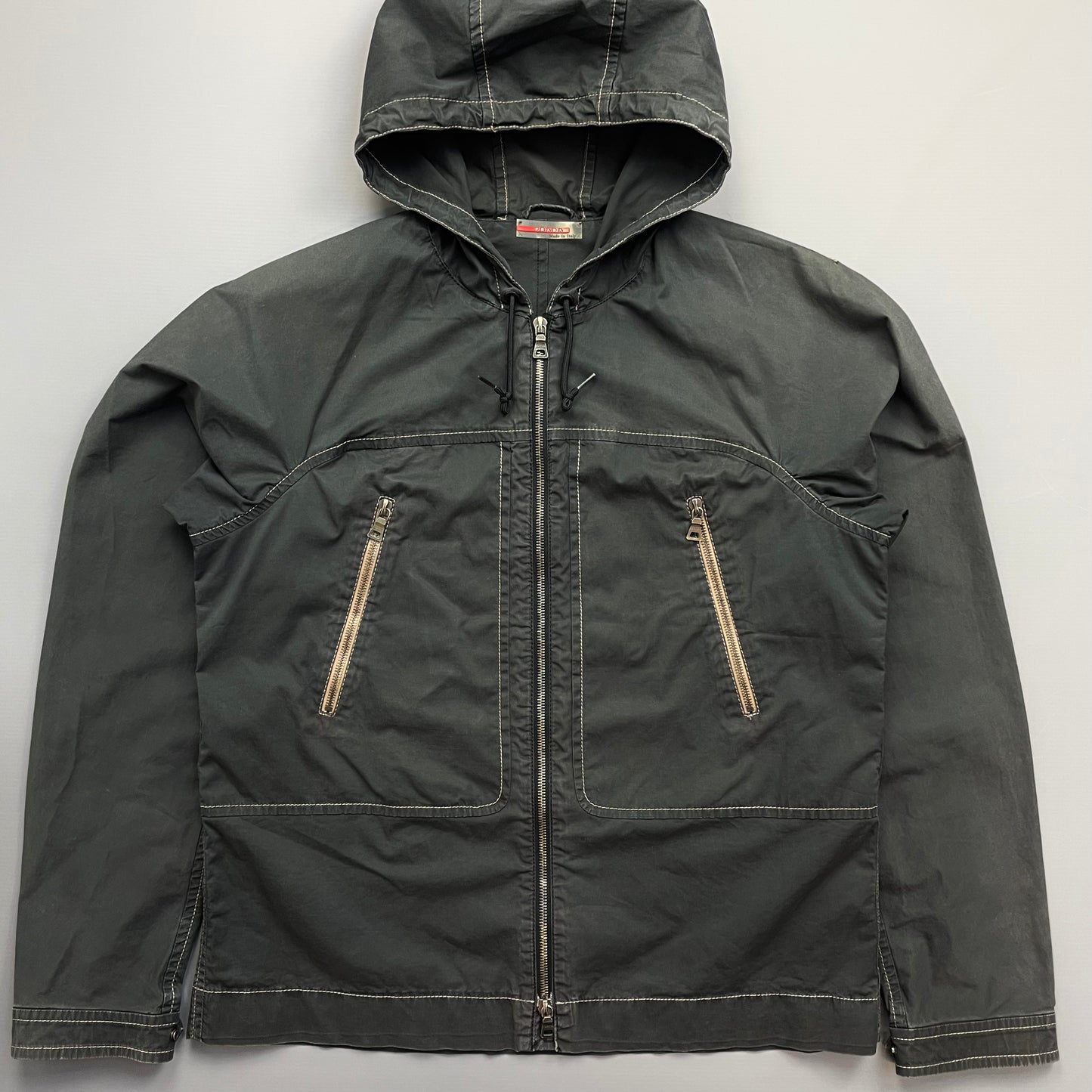 Prada Sport Grey Lightweight Contrast Stitching Hooded Windbreaker Jacket