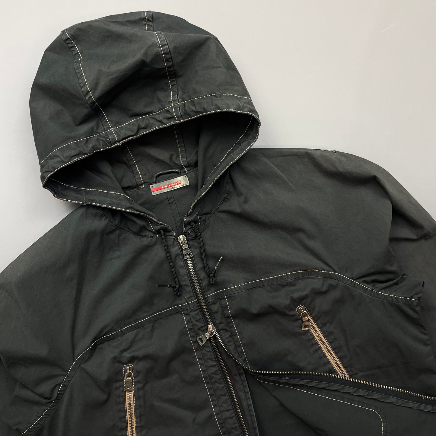 Prada Sport Grey Lightweight Contrast Stitching Hooded Windbreaker Jacket