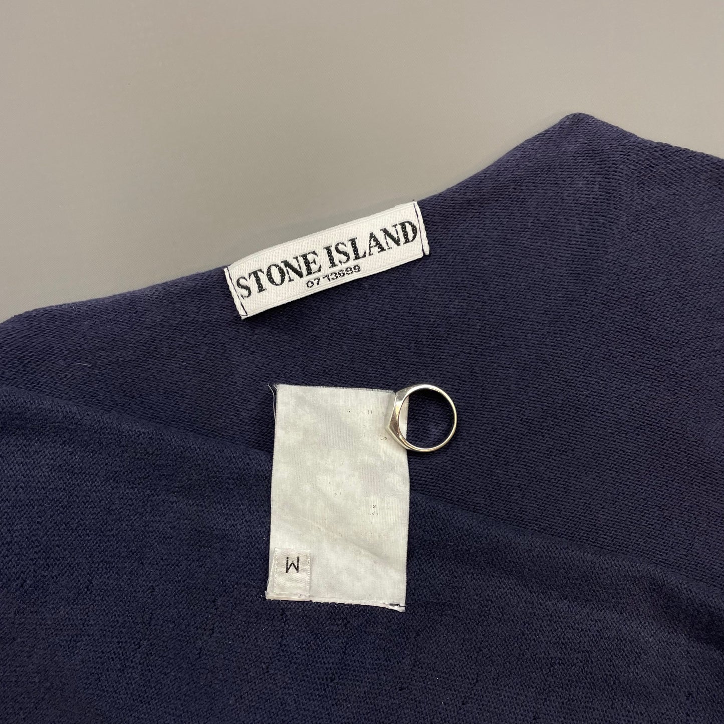Stone Island Navy 00s 'Italy' Lightweight Raw-Edge Spellout Knit Jumper