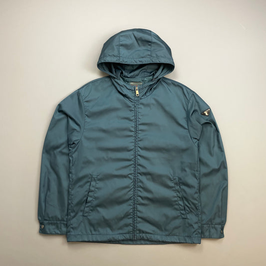 Prada Mainline Teal Blue 2014 Nylon Hooded Plaque Jacket