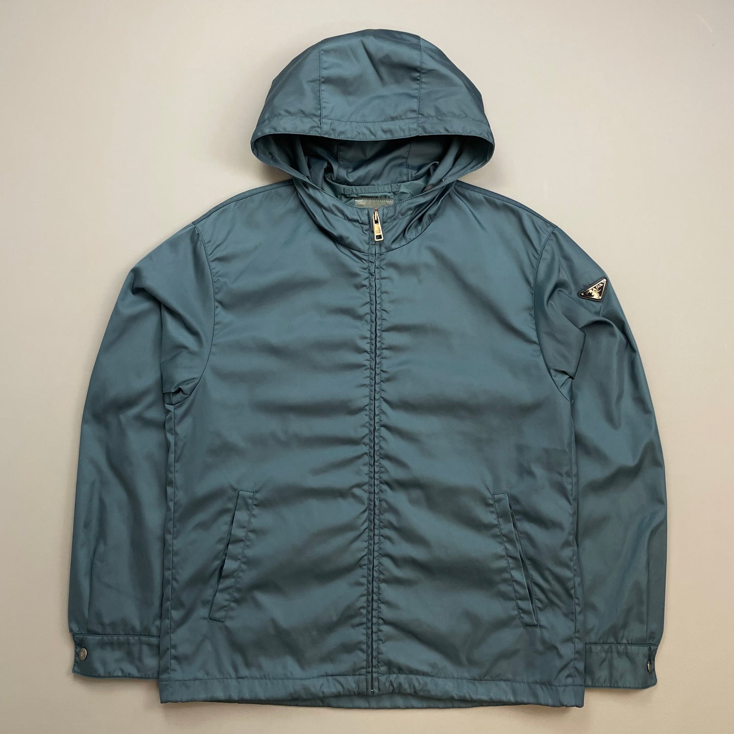 Prada Mainline Teal Blue 2014 Nylon Hooded Plaque Jacket