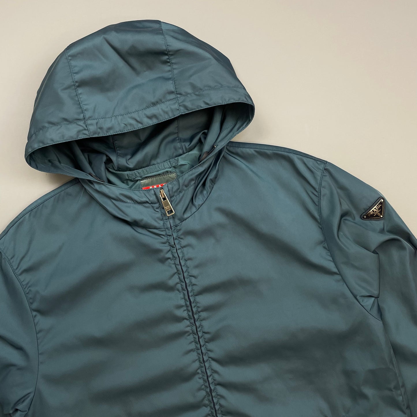 Prada Mainline Teal Blue 2014 Nylon Hooded Plaque Jacket