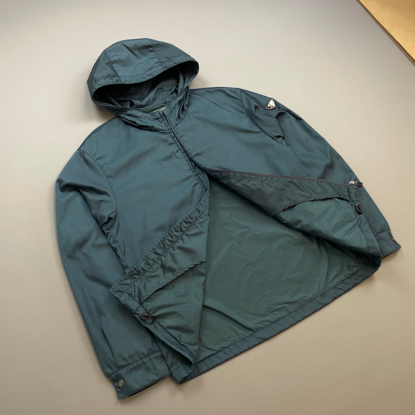 Prada Mainline Teal Blue 2014 Nylon Hooded Plaque Jacket