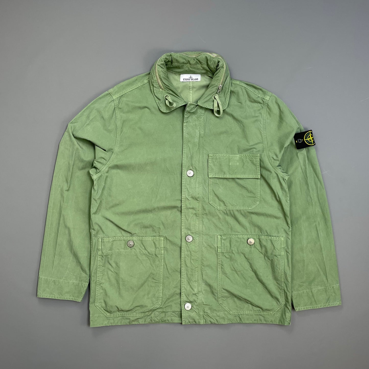 Stone Island Green SS23 Lightweight Cupro Cotton Twill-TC Concealed Hood Chore Jacket