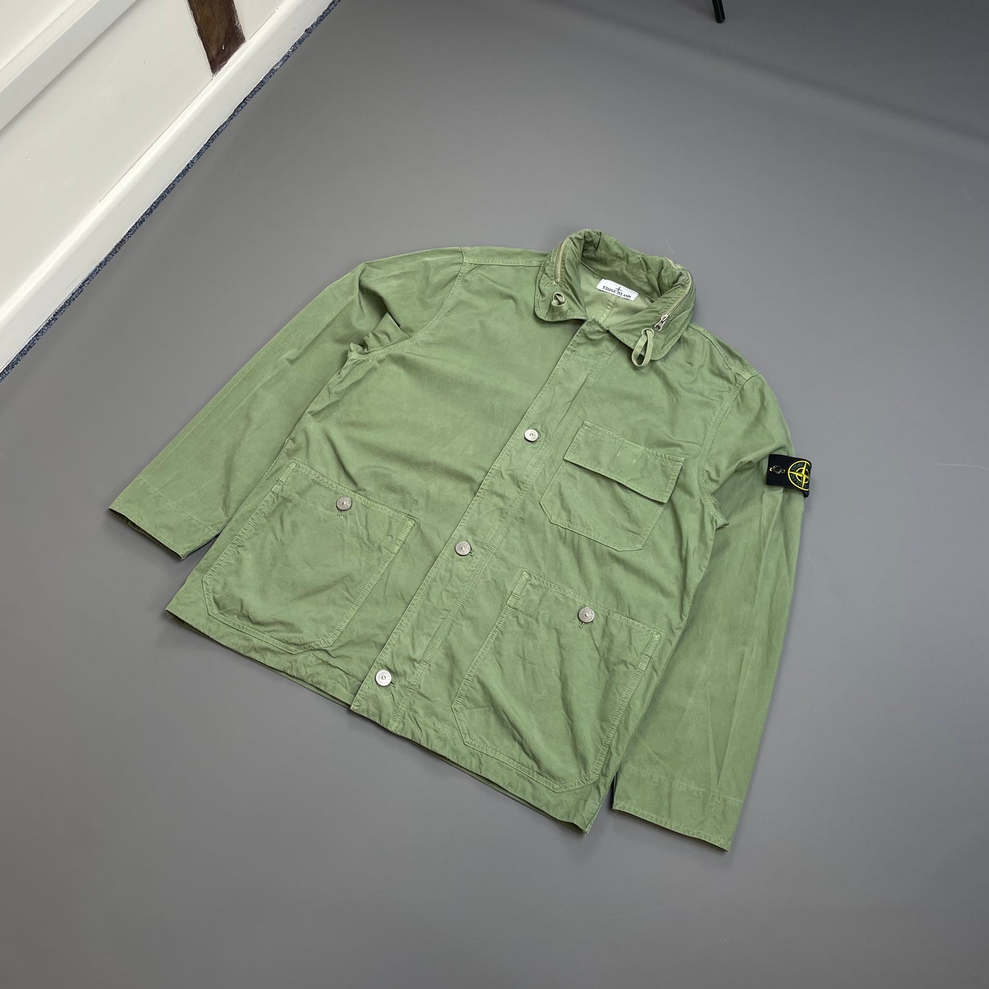 Stone Island Green SS23 Lightweight Cupro Cotton Twill-TC Concealed Hood Chore Jacket