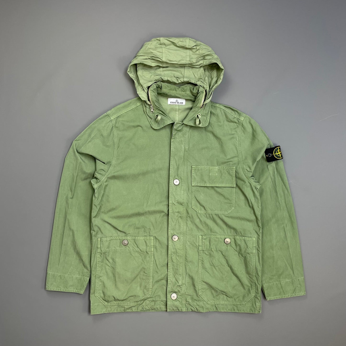 Stone Island Green SS23 Lightweight Cupro Cotton Twill-TC Concealed Hood Chore Jacket