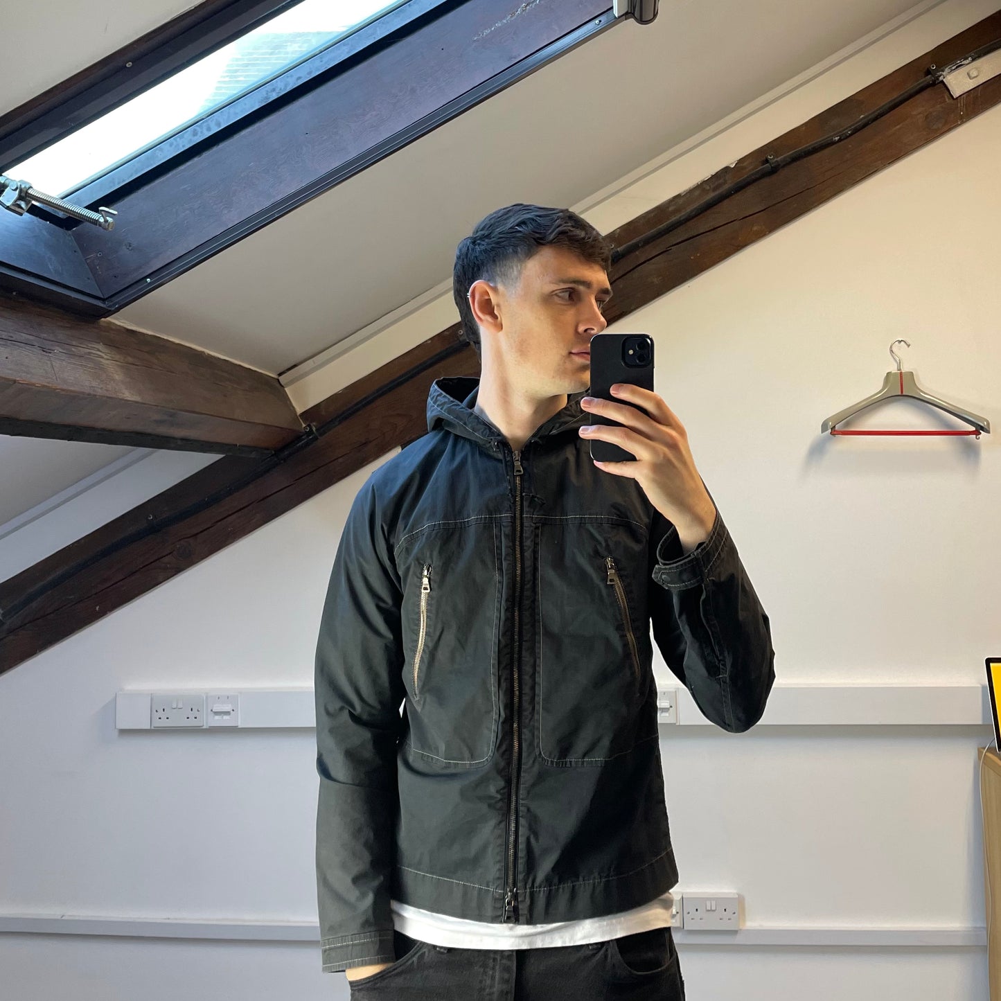 Prada Sport Grey Lightweight Contrast Stitching Hooded Windbreaker Jacket
