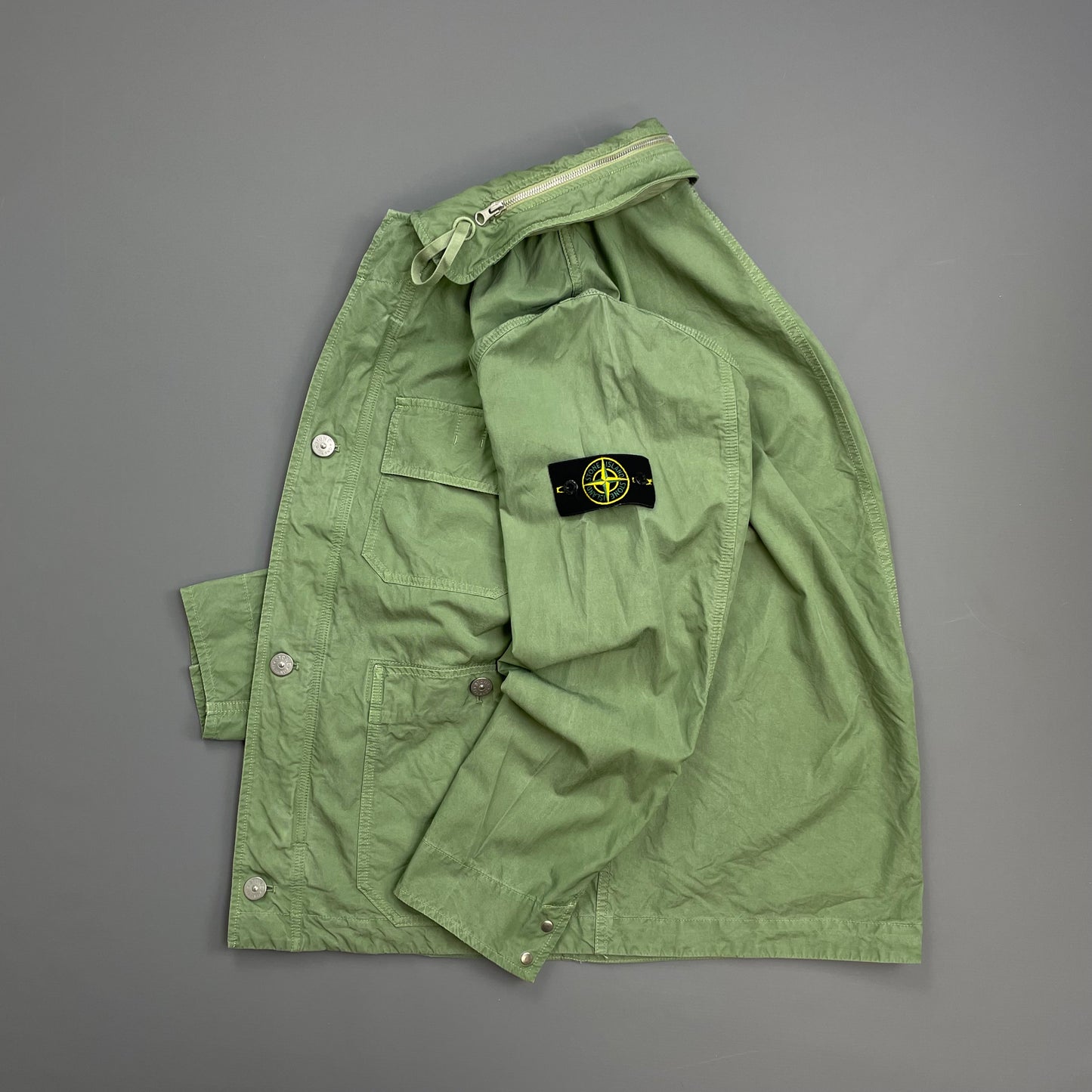 Stone Island Green SS23 Lightweight Cupro Cotton Twill-TC Concealed Hood Chore Jacket