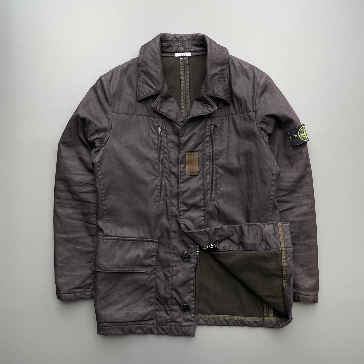Stone Island Dark Grey AW05 Lino Flax Coated-Linen Wool-Lined Overcoat