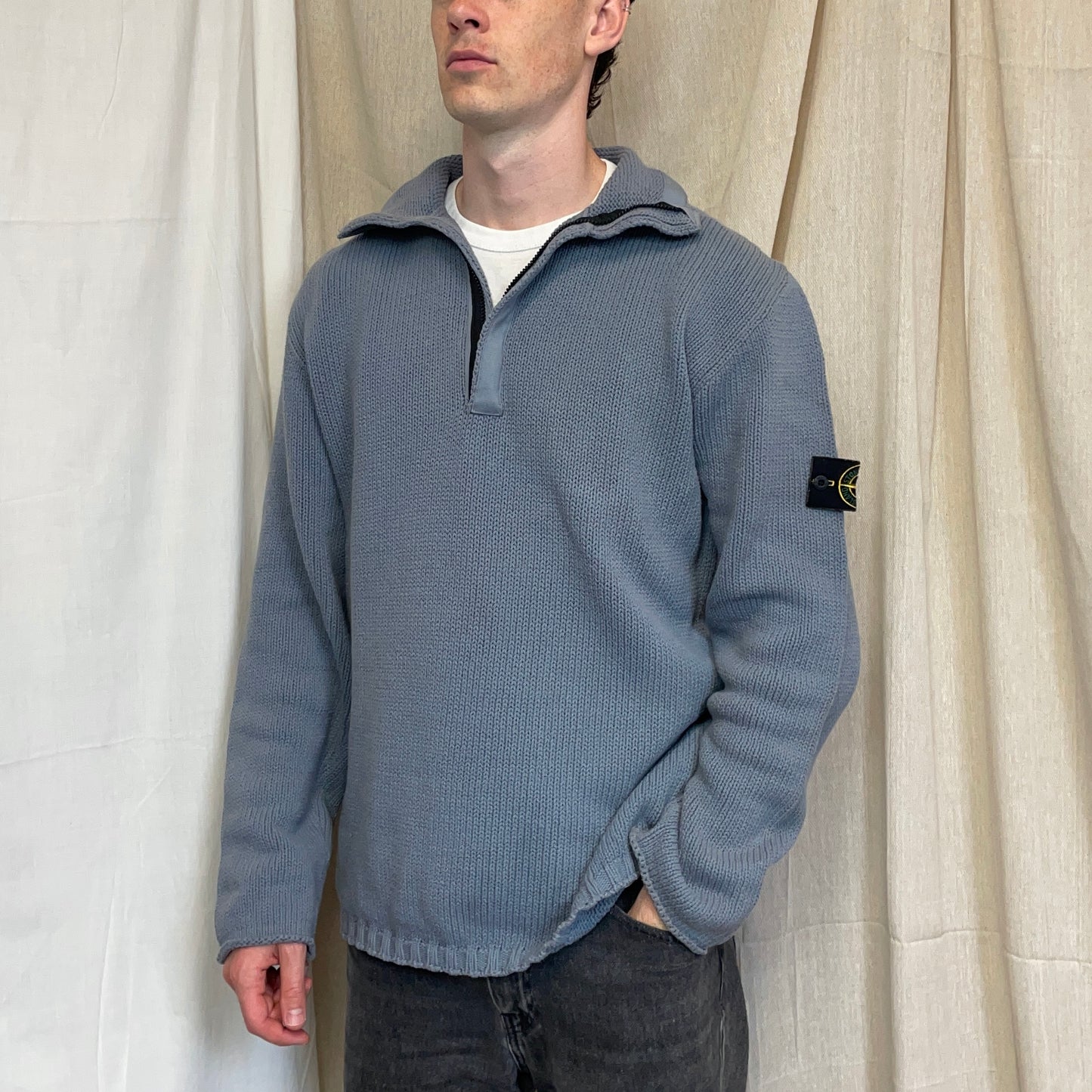 Stone Island Light Blue SS02 Heavyweight Half-Zip Knit Jumper