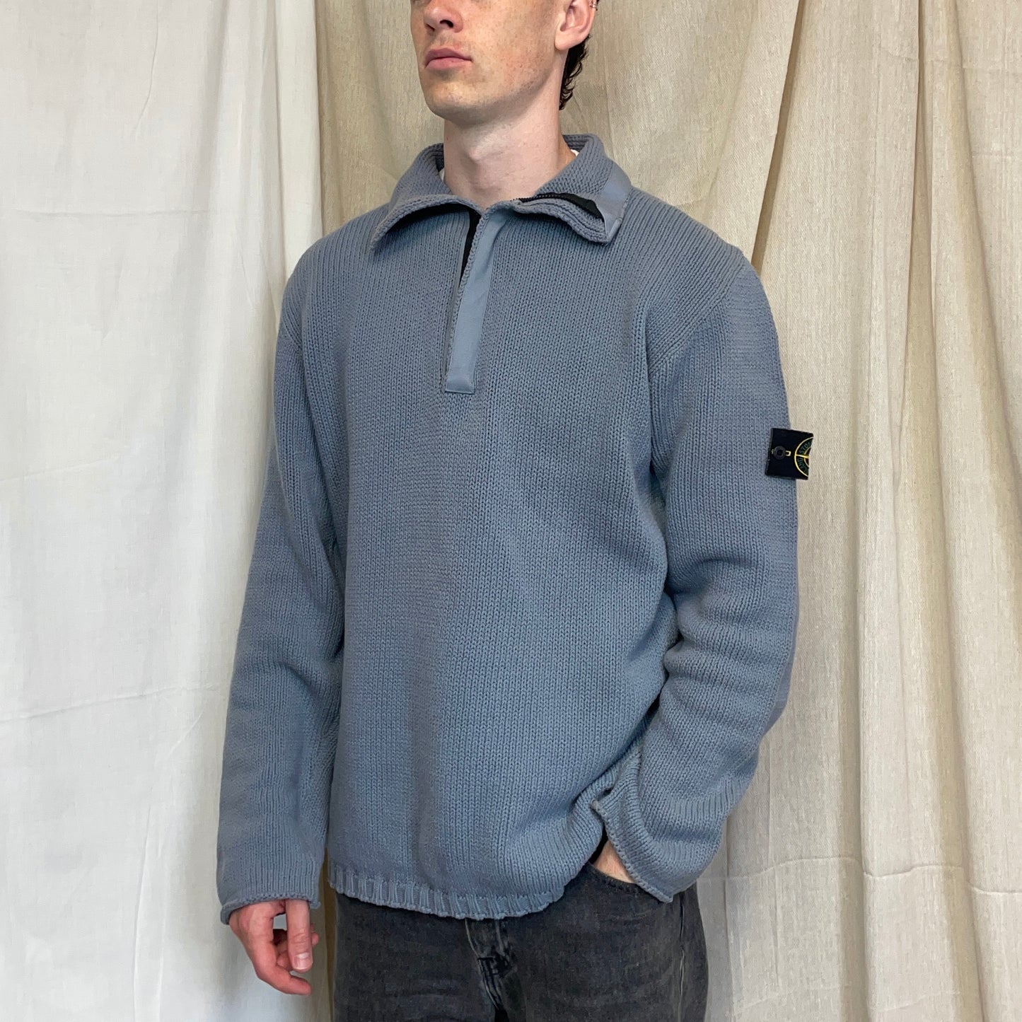 Stone Island Light Blue SS02 Heavyweight Half-Zip Knit Jumper
