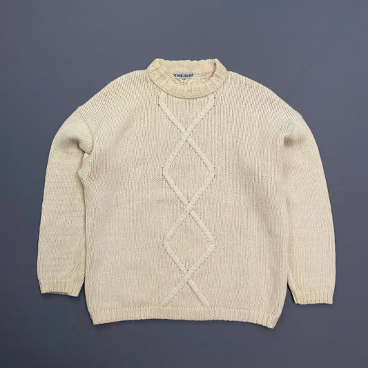 Stone Island Cream 80s Chunky Cable Knit Wool Crewneck Jumper