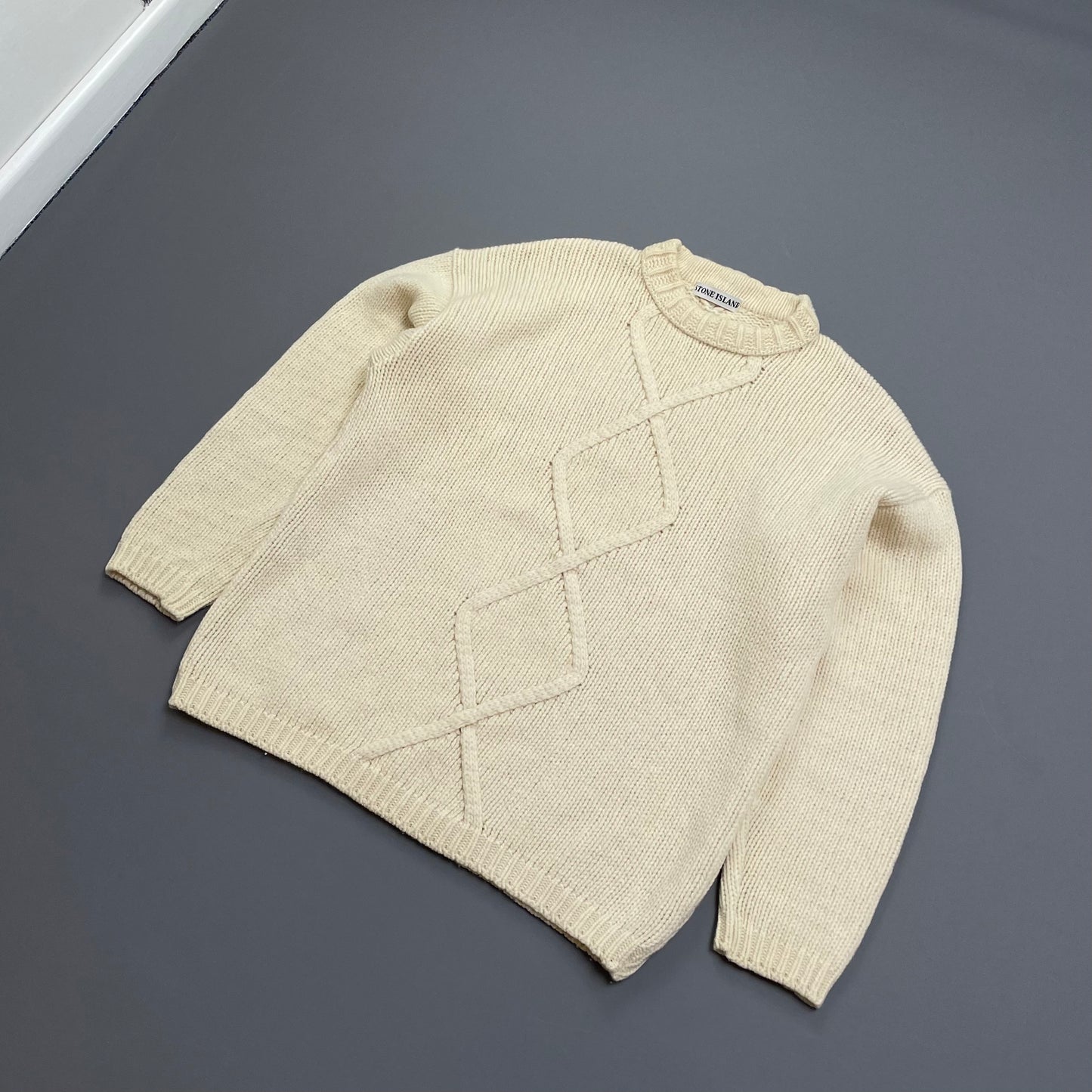 Stone Island Cream 80s Chunky Cable Knit Wool Crewneck Jumper