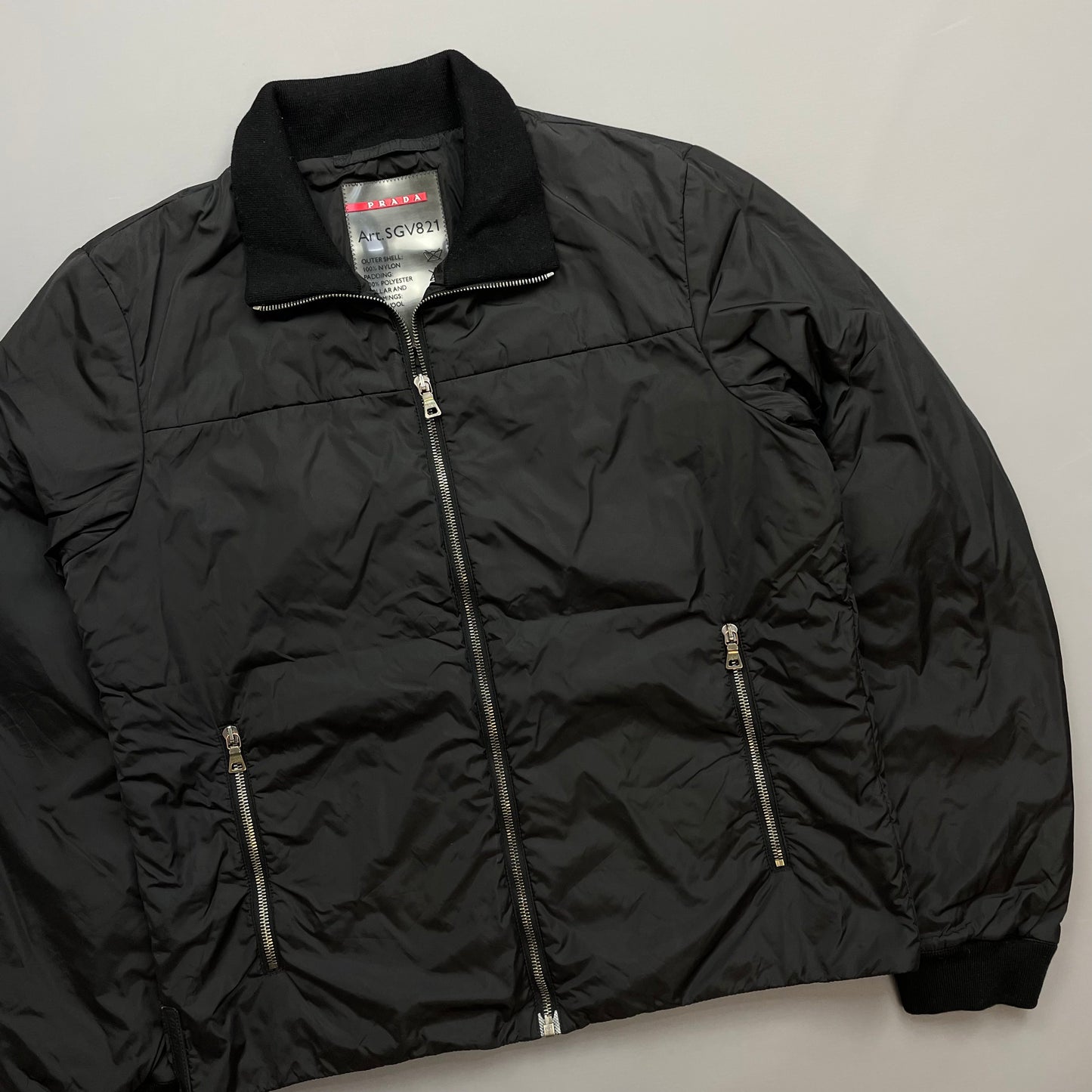 Prada Sport Black 2006 Leather Tab Nylon Padded Harrington Jacket