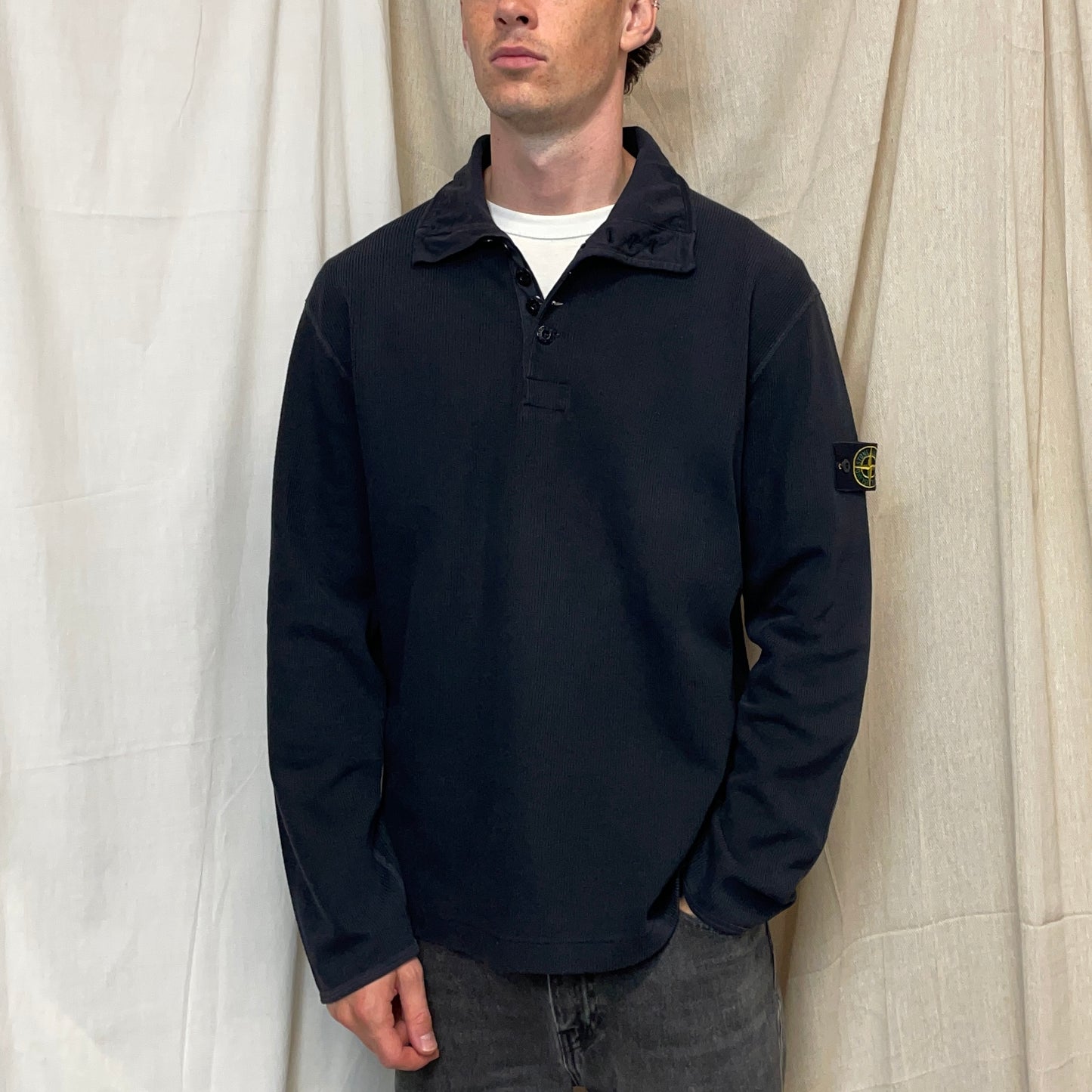 Stone Island Black AW03 Ribbed Button-Up Collar Jumper