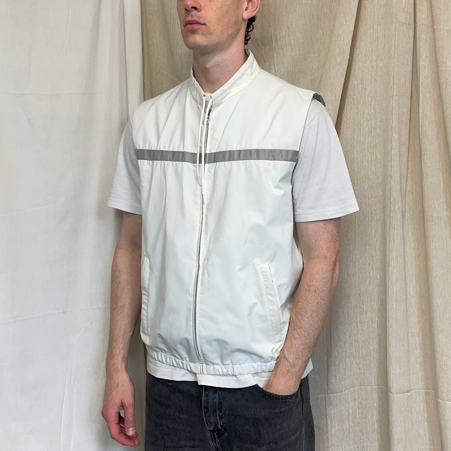 Prada Cream White & Grey 2009 Windstopper Toggle-Collar Gilet Vest