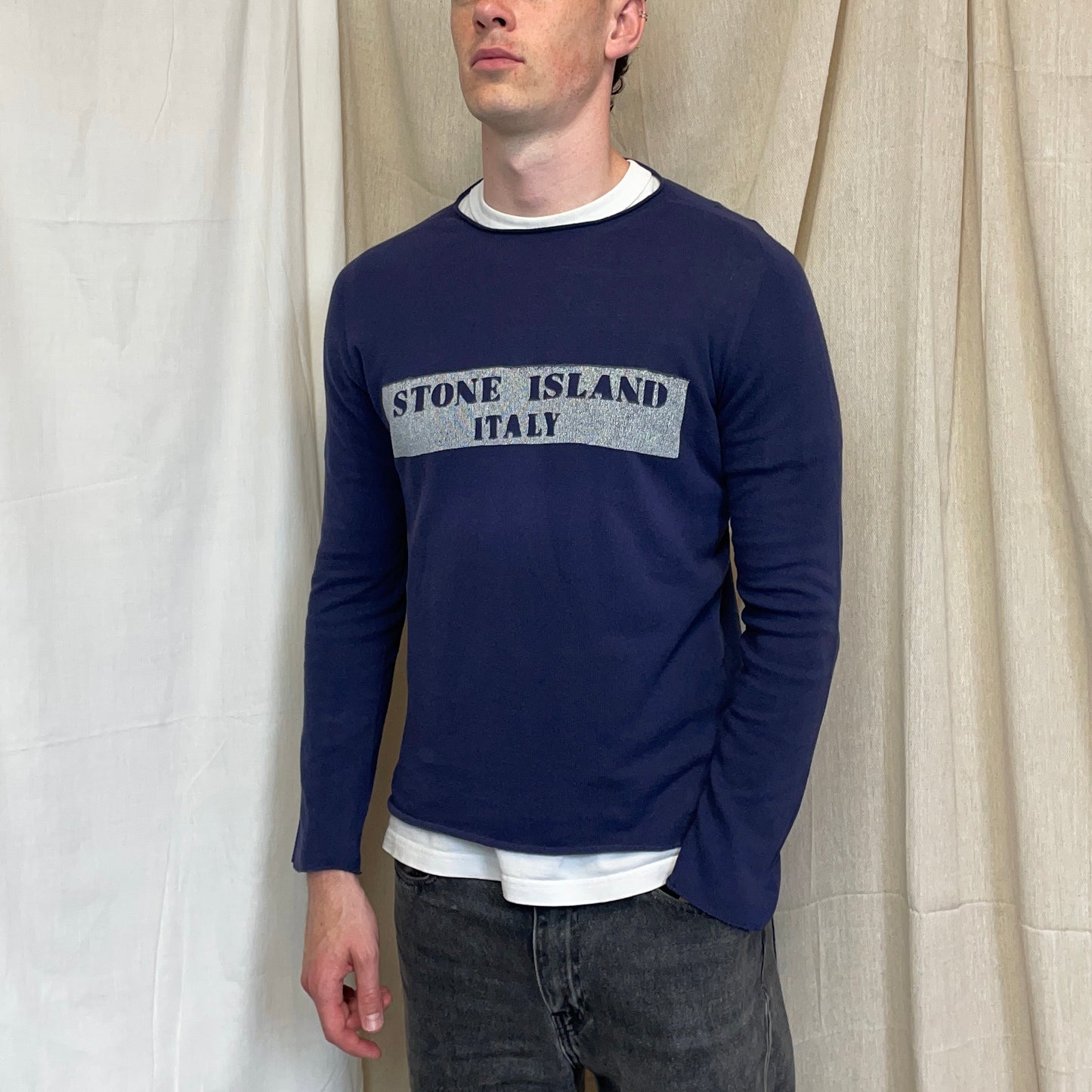 Stone Island Navy 00s 'Italy' Lightweight Raw-Edge Spellout Knit Jumper