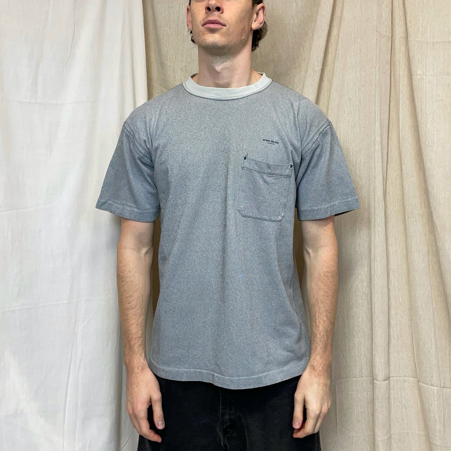 Stone Island Grey Blue 80s Marina Chest Spellout Tee