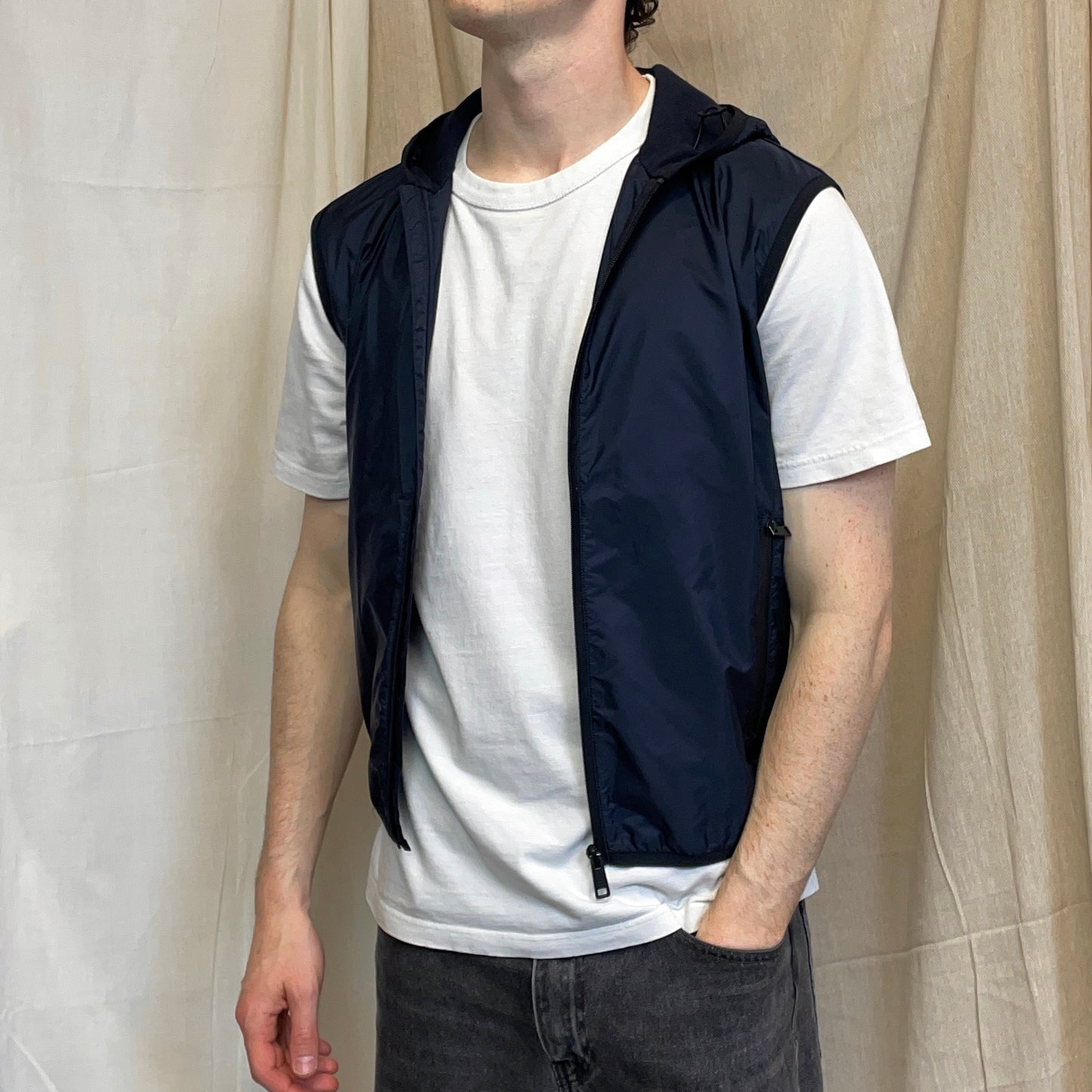 Prada Sport Navy 2018 Nylon Panelled Hooded Gilet Vest